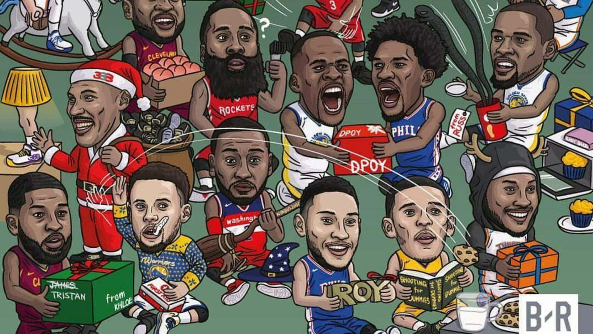 NBA Christmas, cartoon caricatures, basketball players, Full HD Desktop Wallpaper