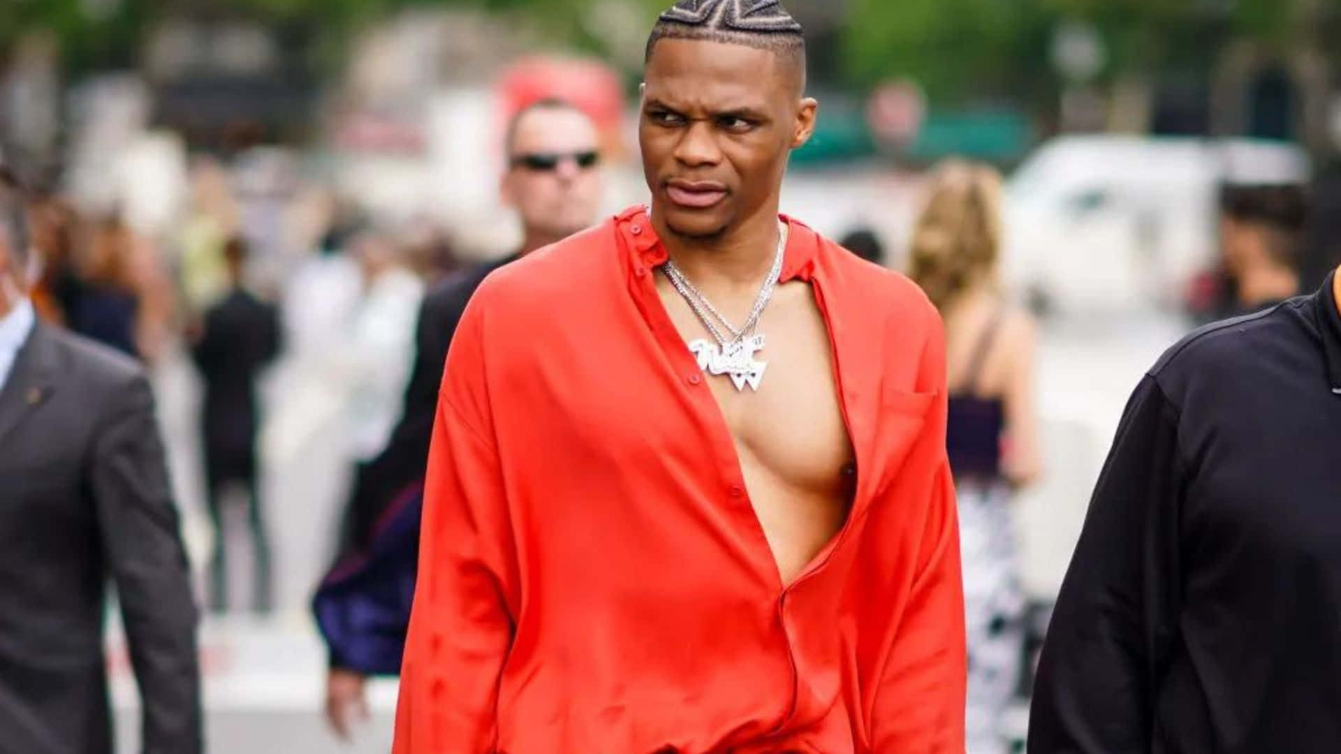 NBA Player, bold red outfit, street style, Full HD Desktop Wallpaper
