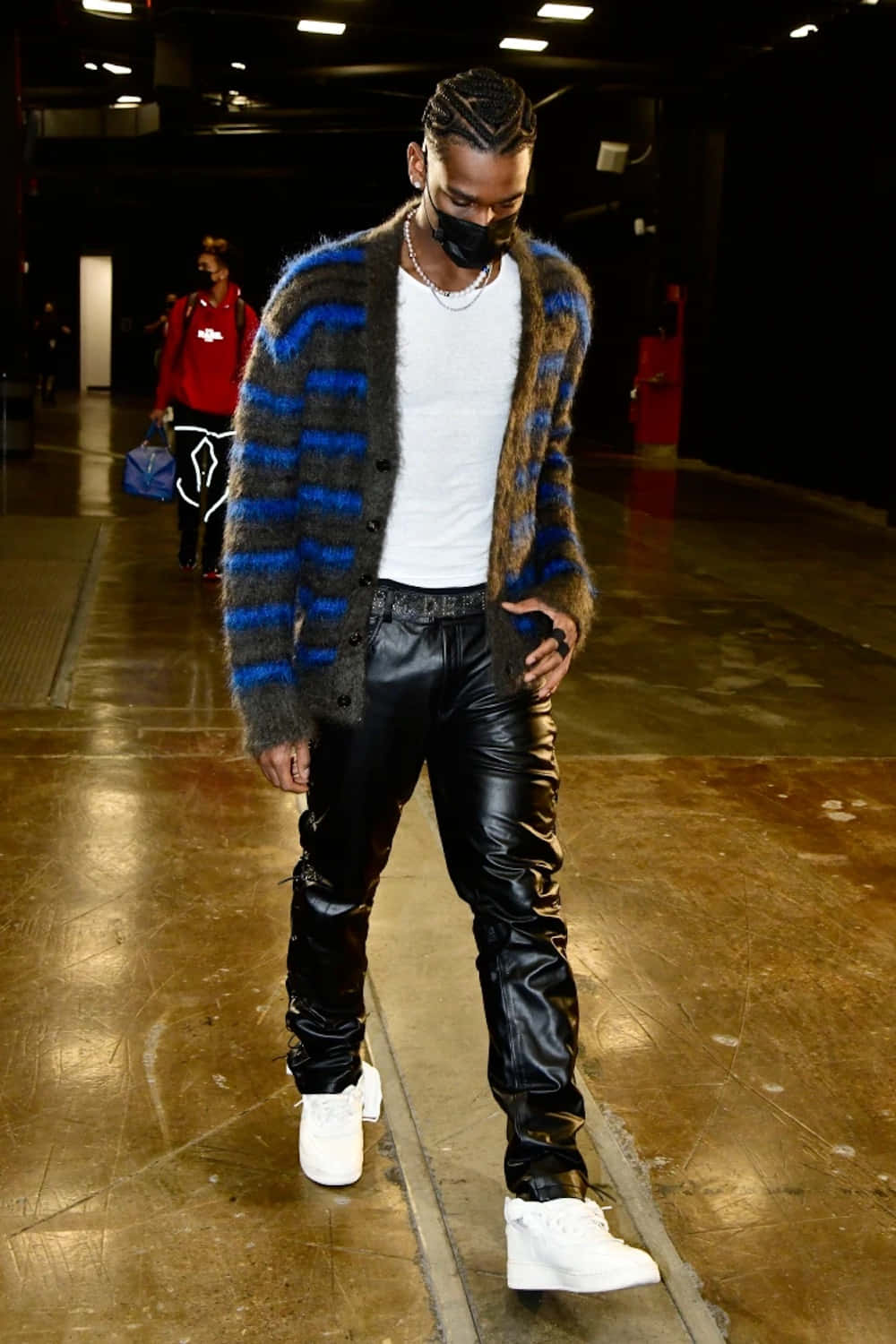 NBA Player, blue and gray striped fuzzy cardigan, black leather pants, HD Phone Wallpaper