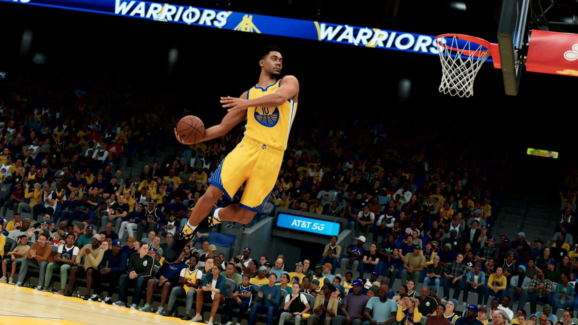 NBA Game, yellow Warriors jersey, dunks the ball, Full HD Desktop Wallpaper