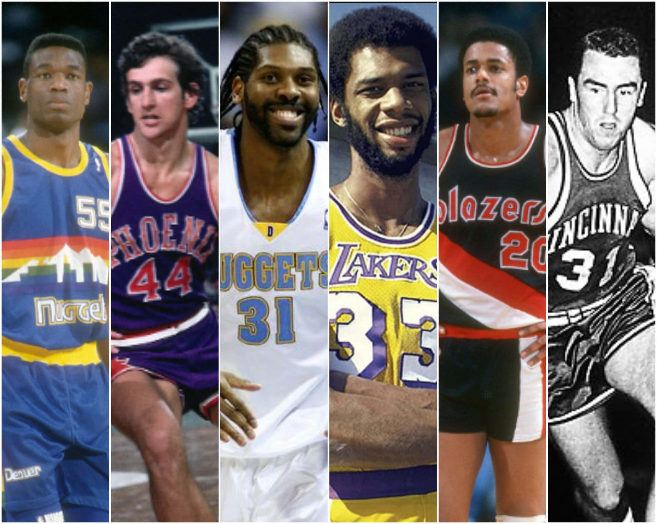 NBA Legends, vintage team uniforms, six legendary basketball players, 2K Desktop Wallpaper