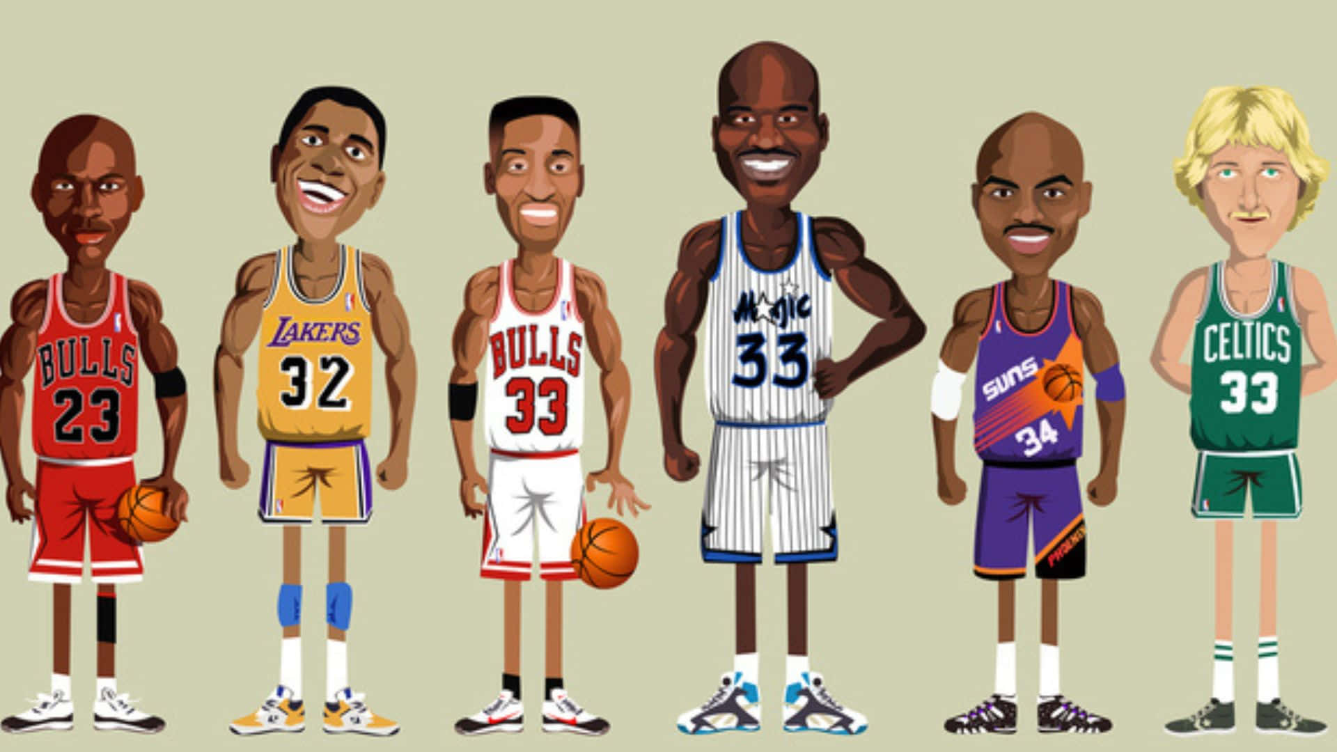NBA Legends, cartoon style, team jerseys, Full HD Desktop Wallpaper