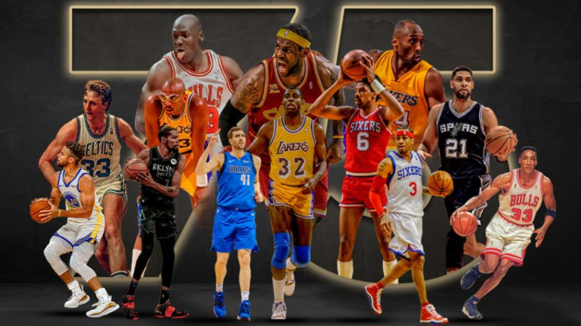 NBA Legends, basketball players, team uniforms, Full HD Desktop Wallpaper