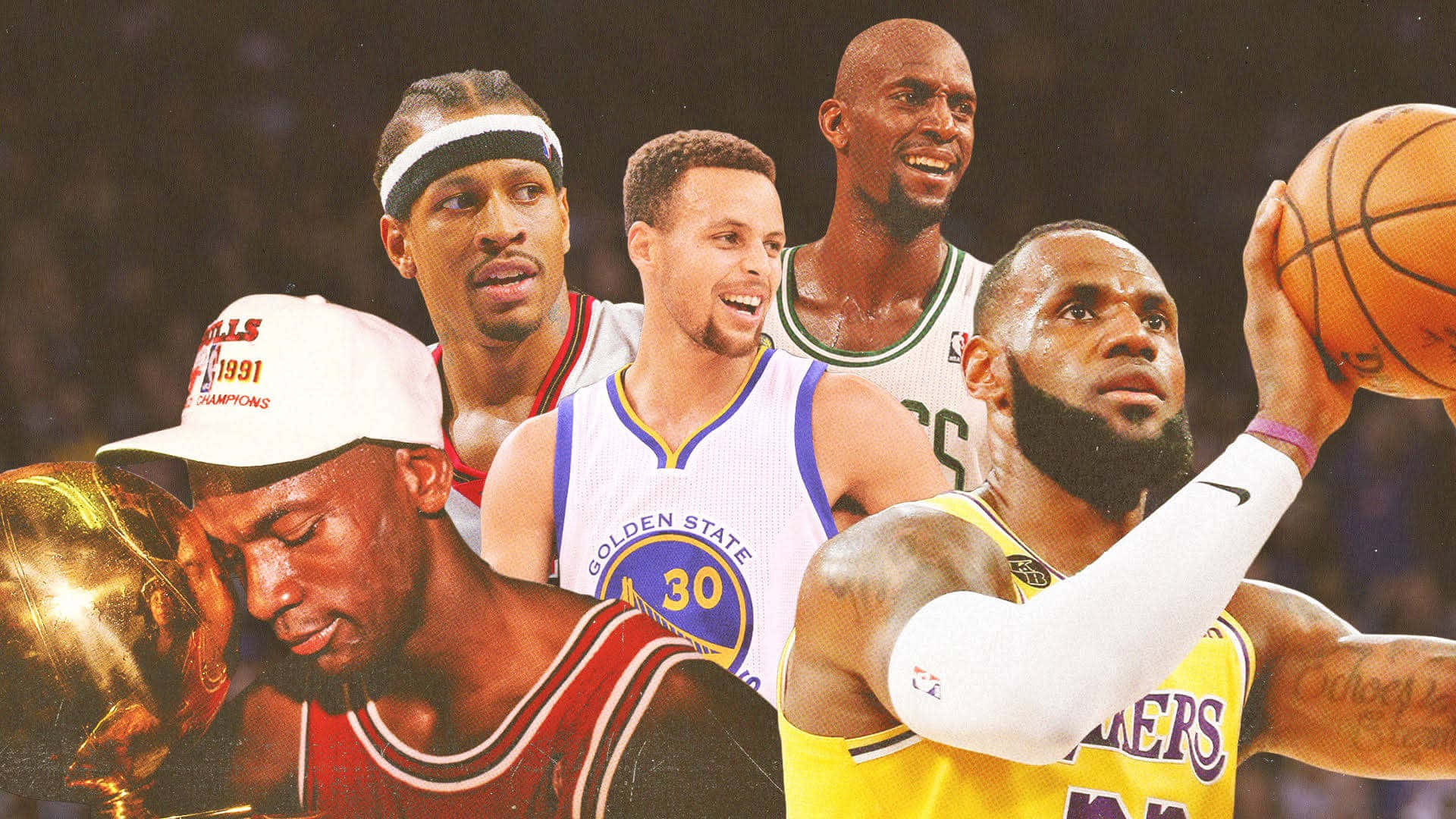 NBA Legends, basketballs, championship trophies, Full HD Desktop Wallpaper