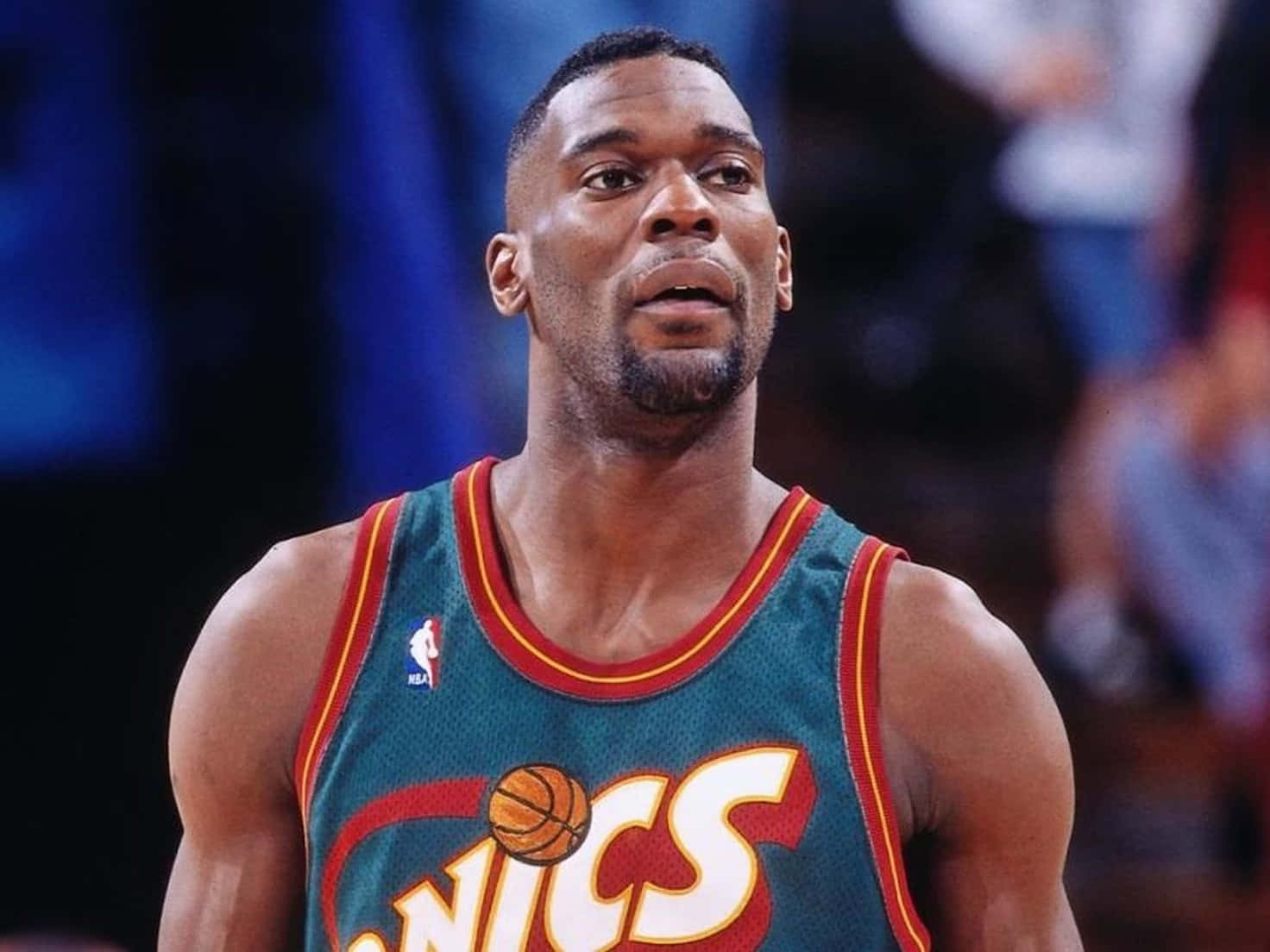 NBA Legends, teal and red Sonics jersey, arena lights, HD Desktop Wallpaper