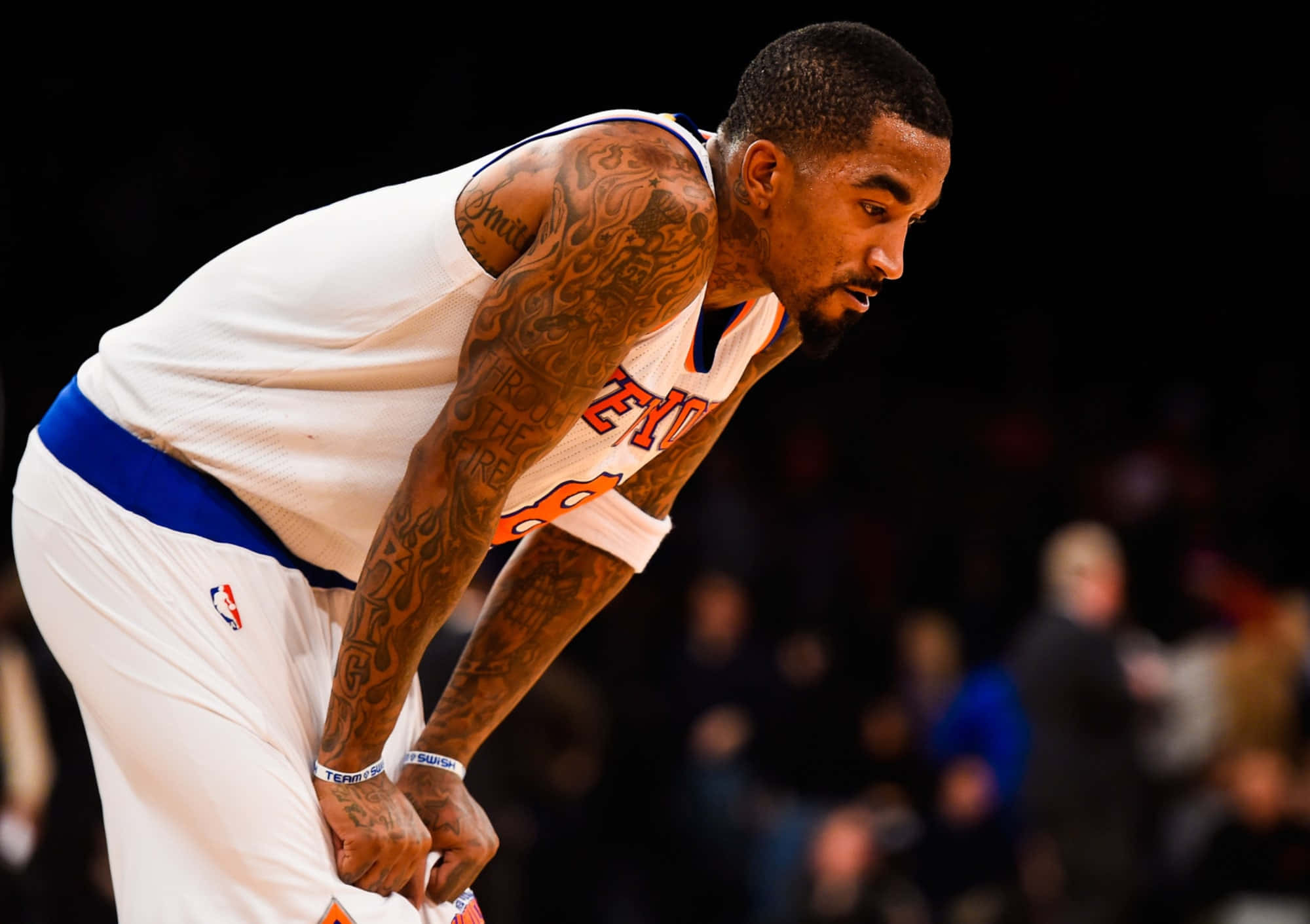 basketball player, white jersey, tattoos on his arms, Full HD Desktop Wallpaper