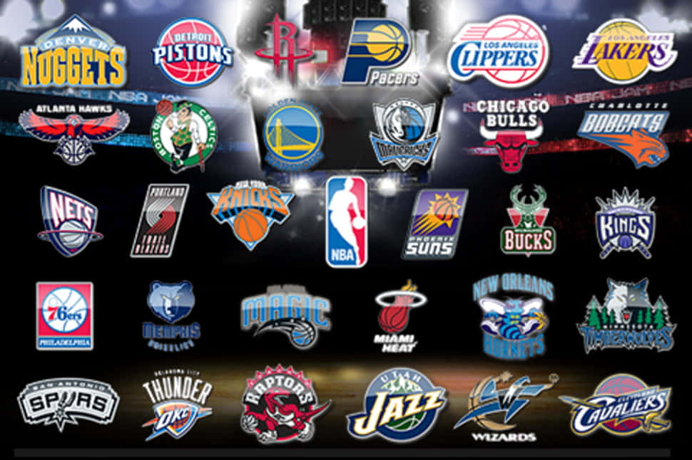 NBA Logo, NBA team logos, dark stadium backdrop, SD Desktop Wallpaper