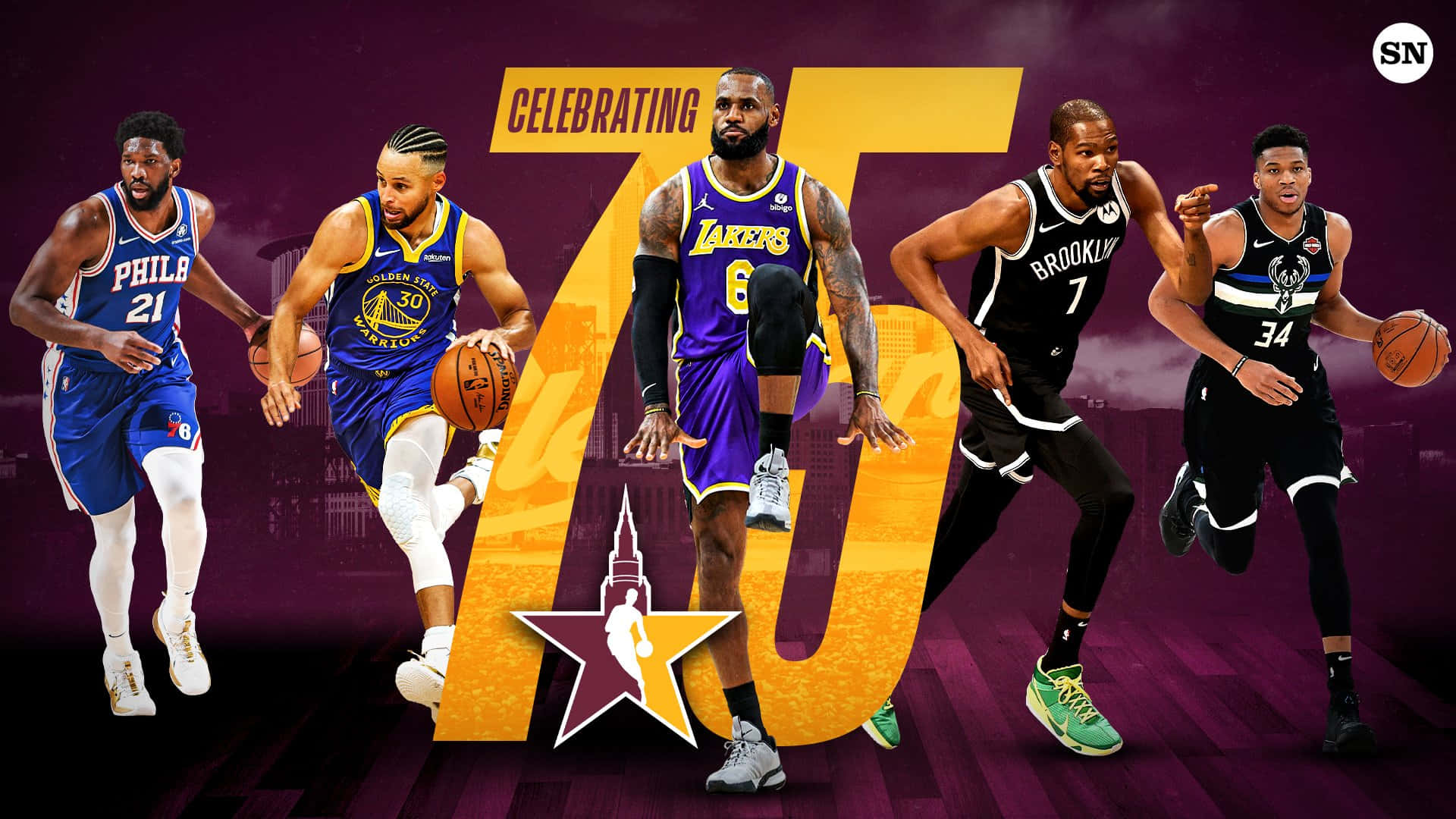 NBA Teams, golden 75 logo, purple background, Full HD Desktop Wallpaper