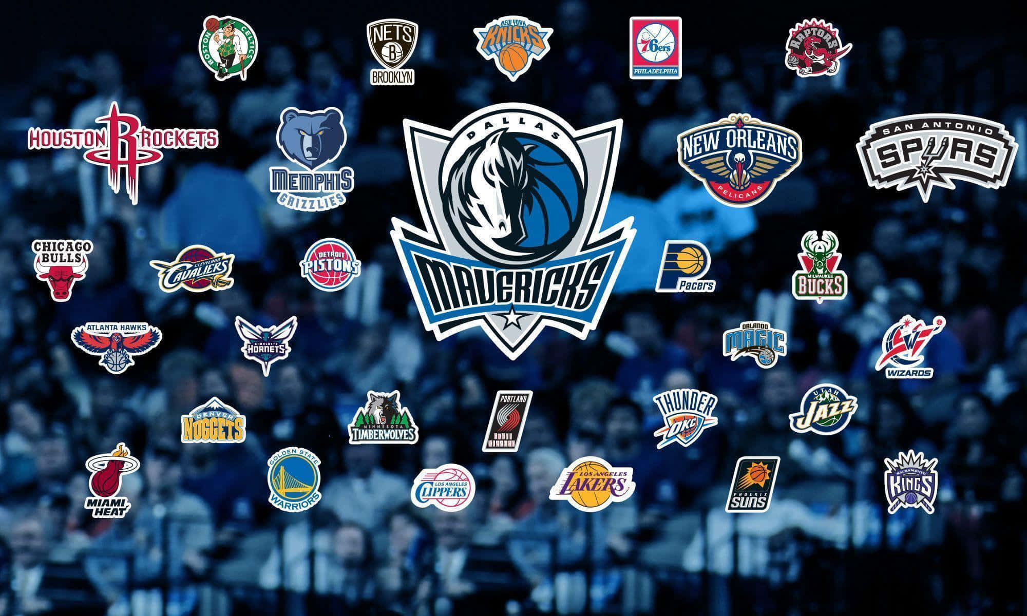 NBA Teams, NBA team logos, blue arena crowd background, Full HD Desktop Wallpaper