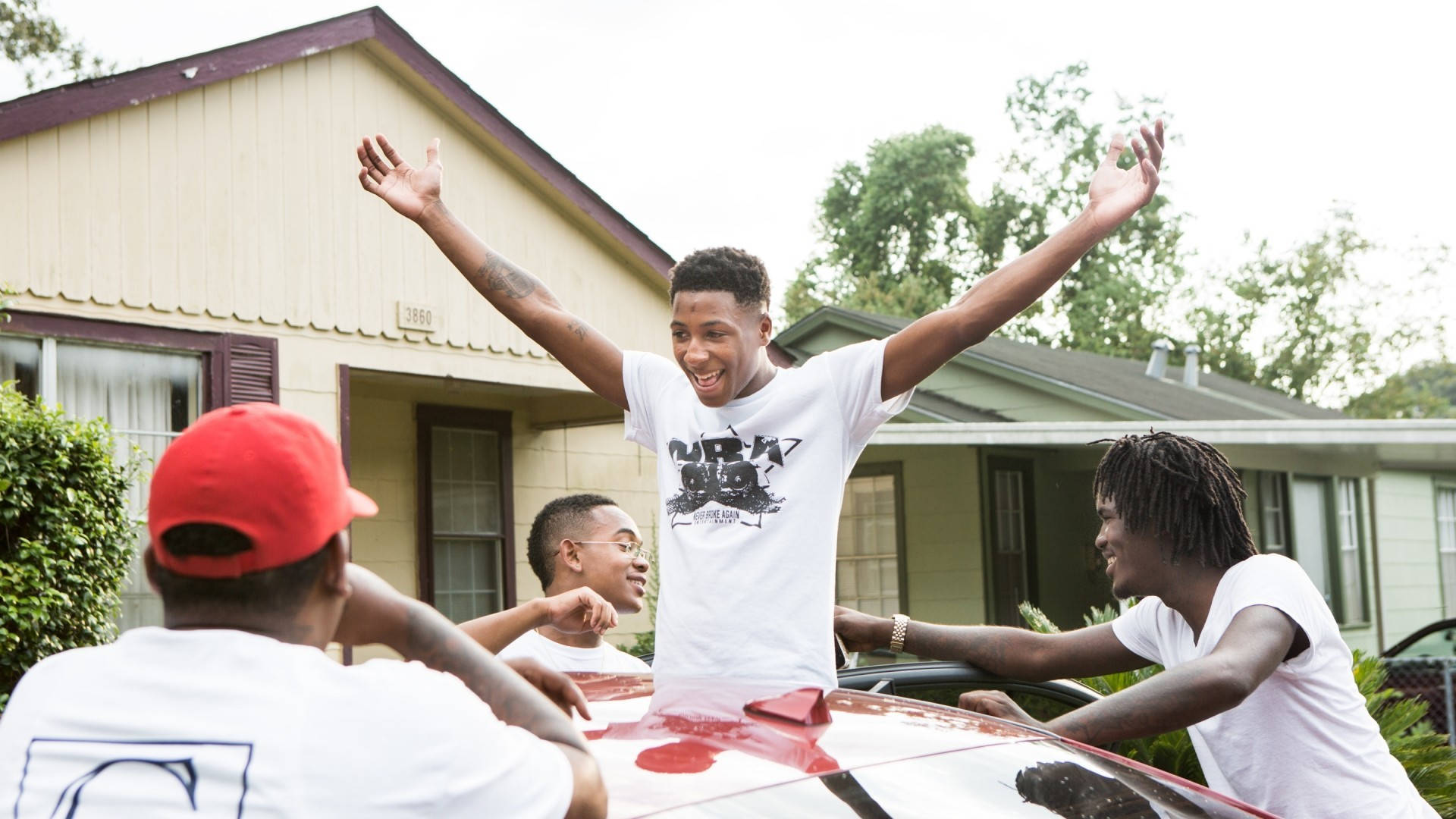 NBA Youngboy, red car, suburban neighborhood, Full HD Desktop Wallpaper