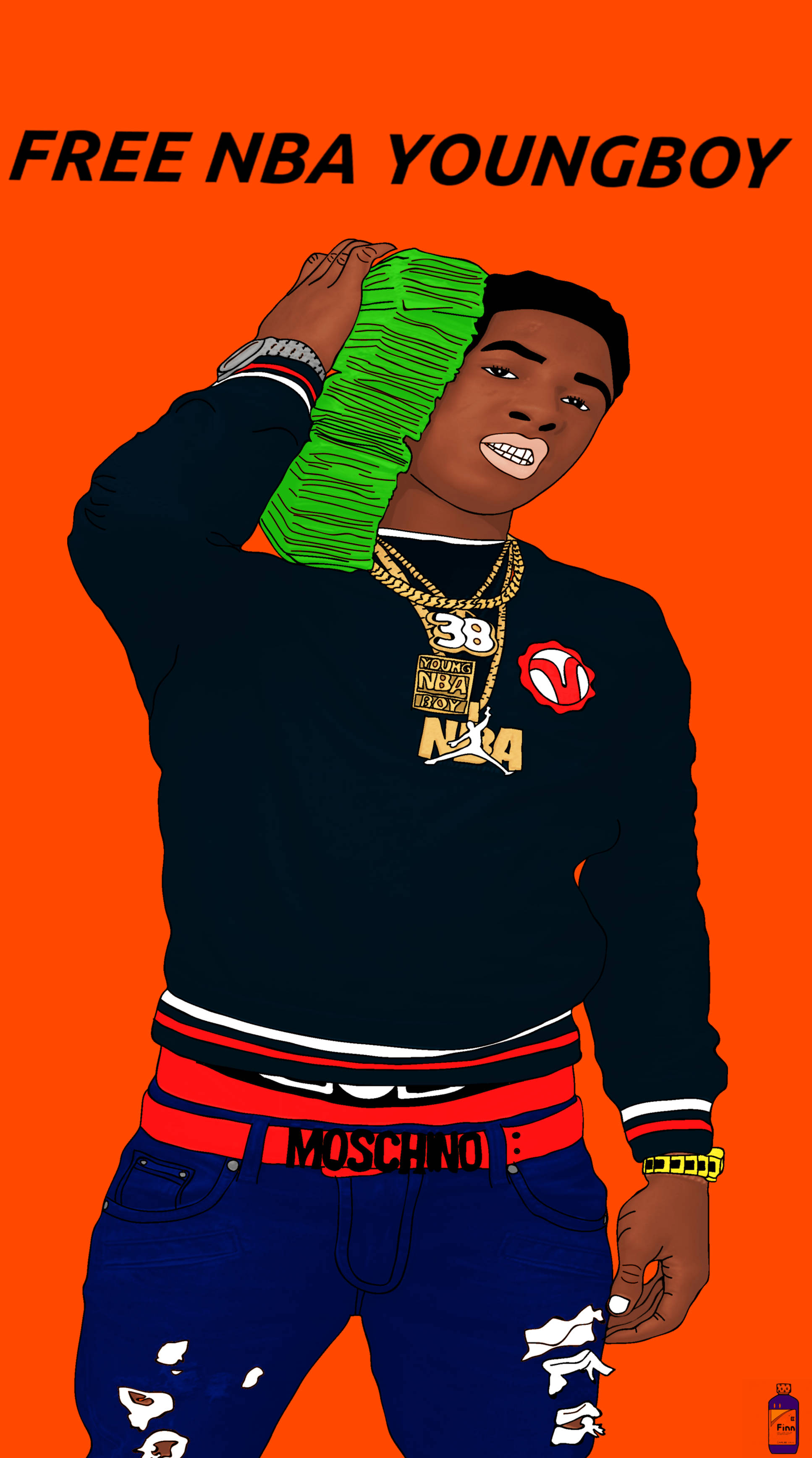 NBA Youngboy, green cash, solid orange background, 2K Phone Wallpaper
