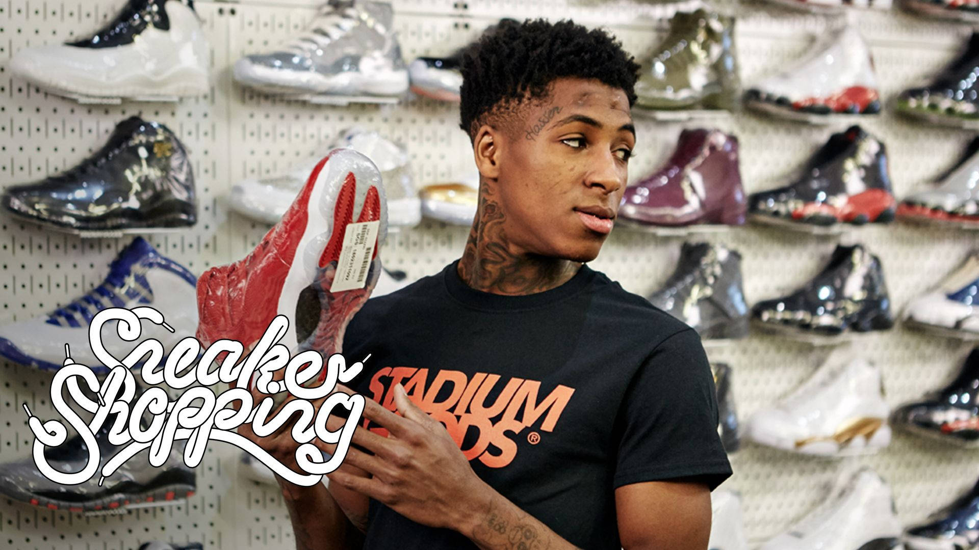 NBA Youngboy, red and white sneaker, store, Full HD Desktop Wallpaper