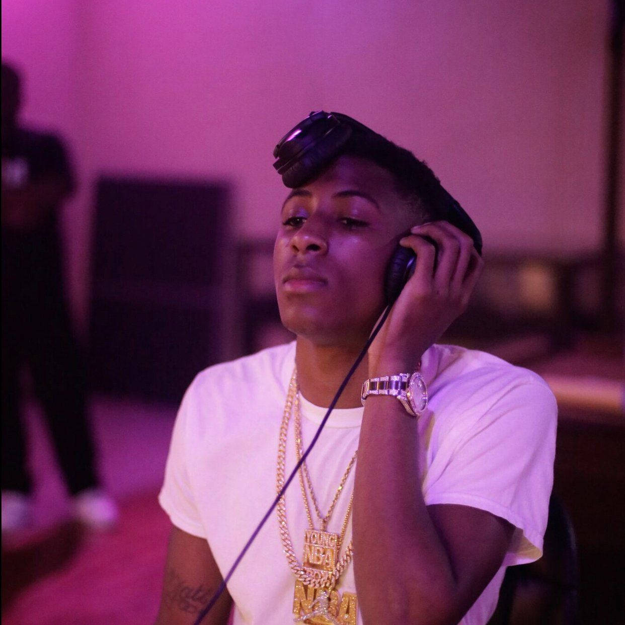 NBA Youngboy, headphones, white tee, SD Desktop Wallpaper
