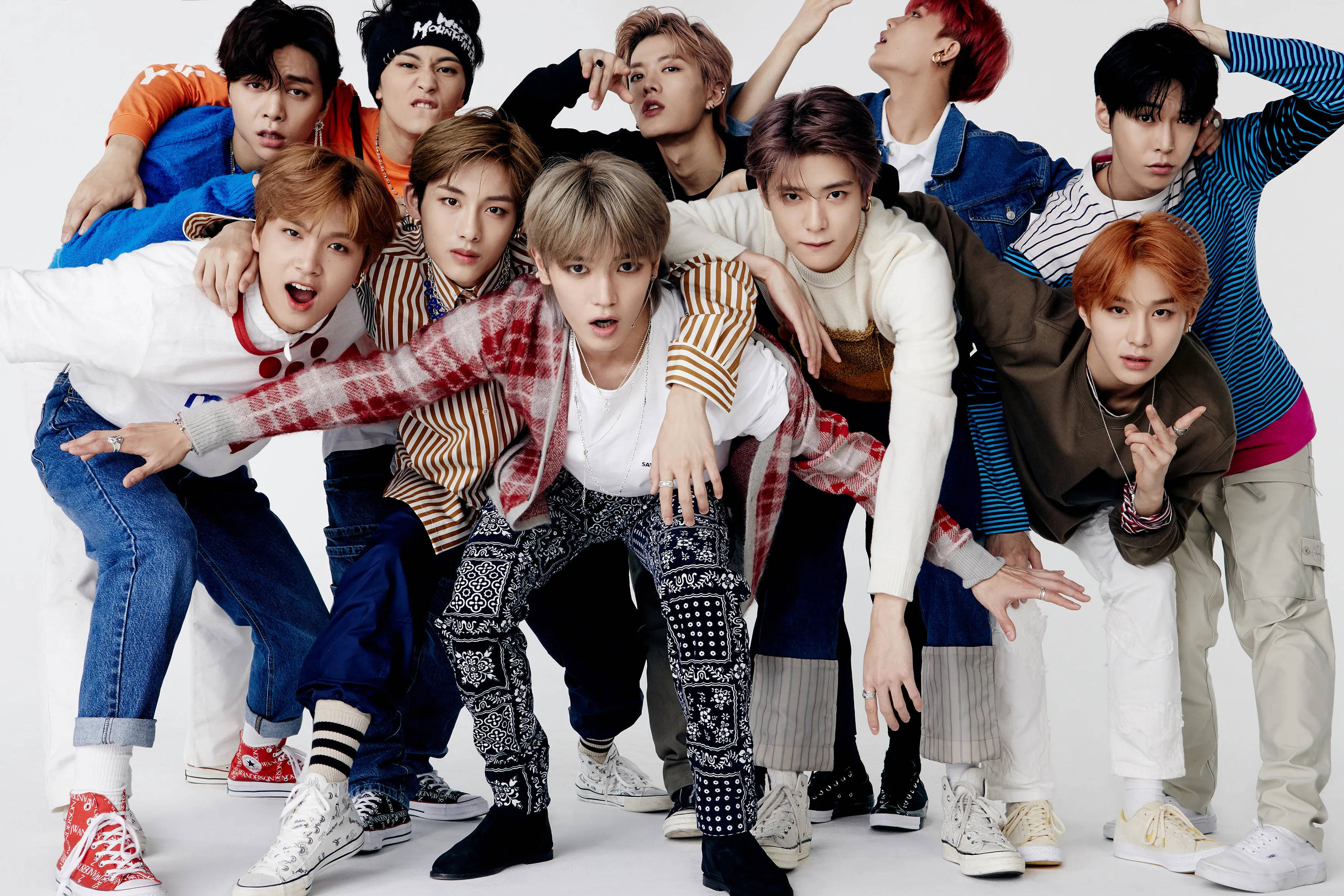 NCT 127, colorful streetwear, playful poses, 2K Desktop Wallpaper