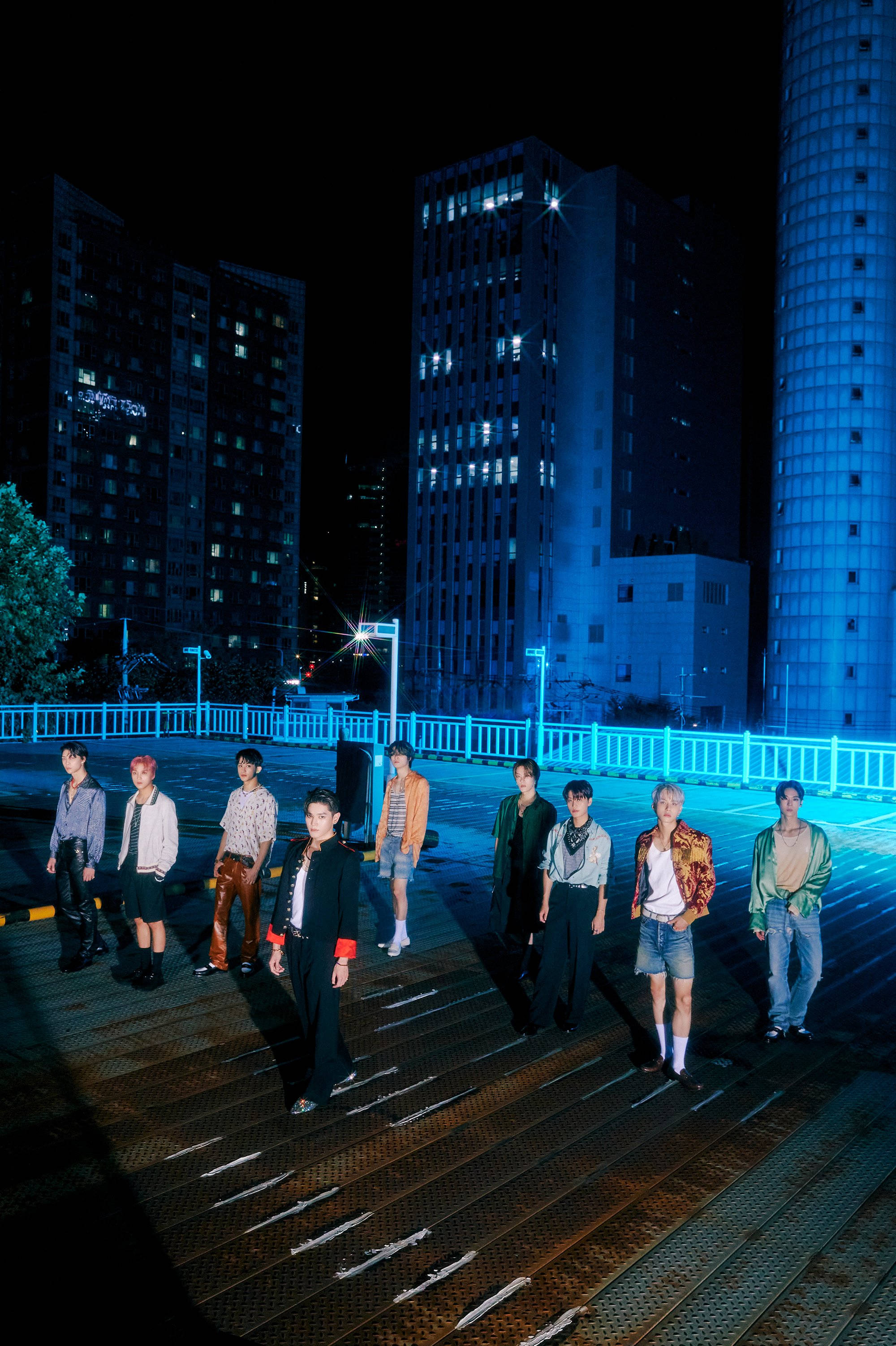 NCT 127, glowing blue rooftop, night, 2K Phone Wallpaper