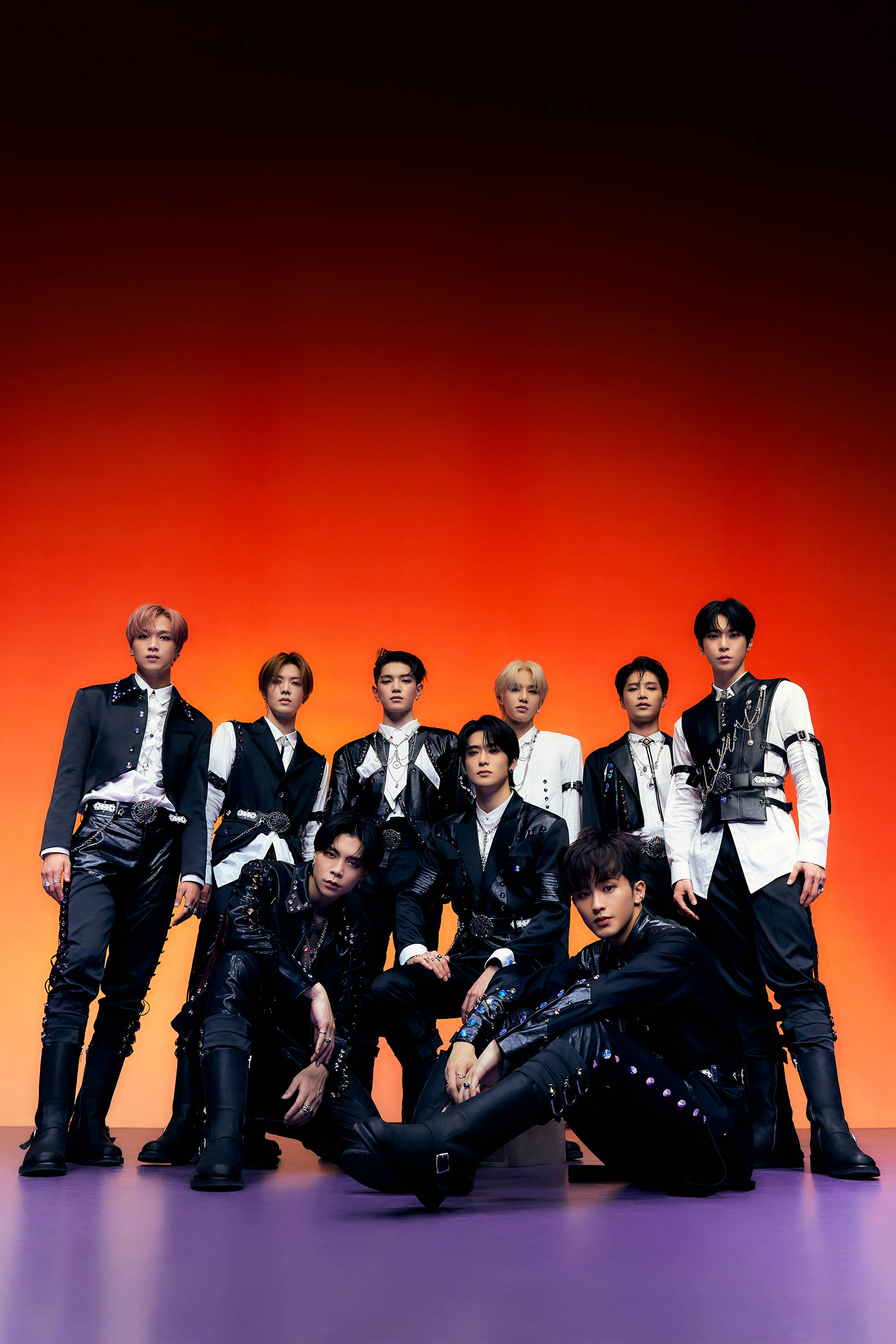 NCT 127, black and white outfits, fiery orange gradient backdrop, 2K Phone Wallpaper