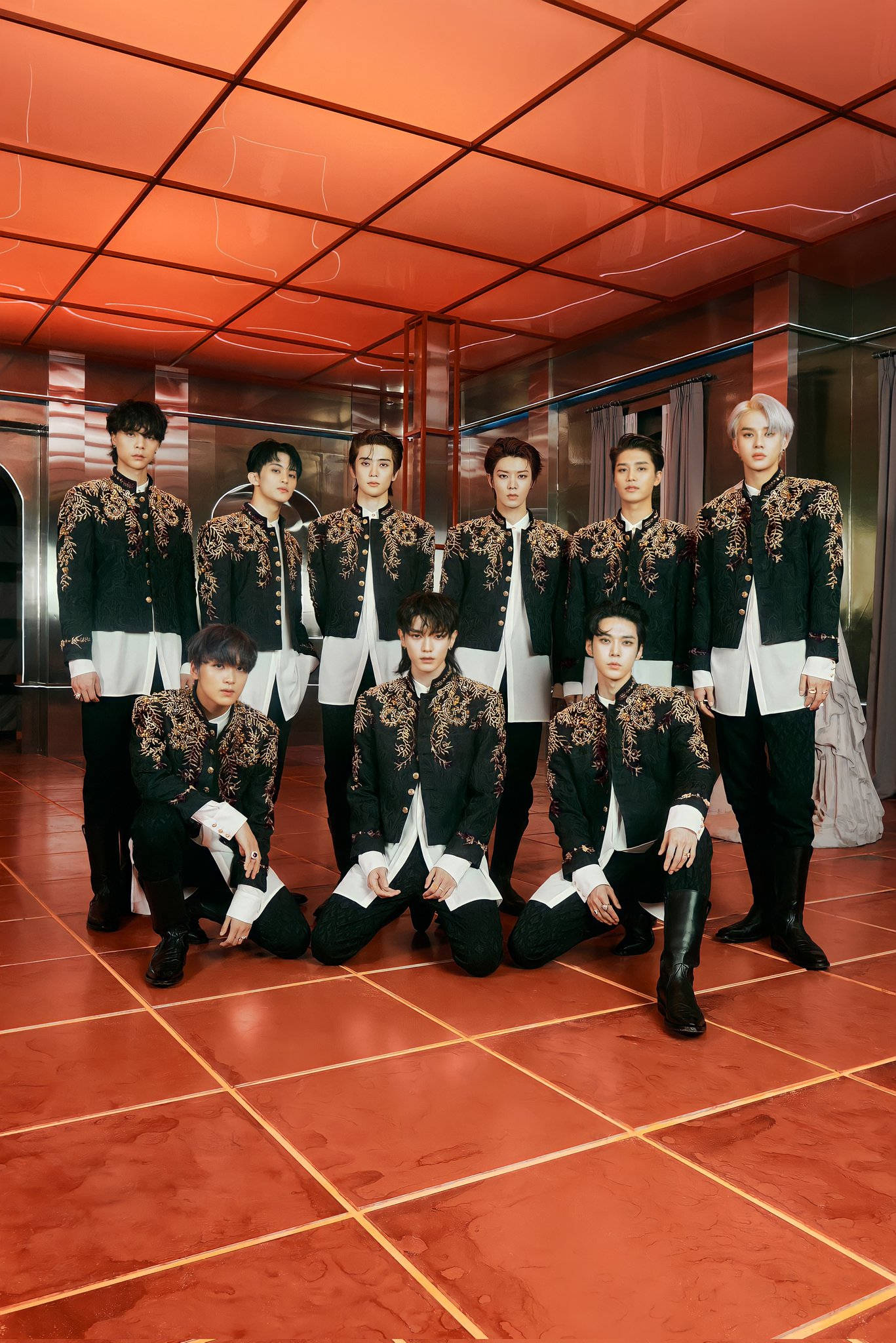 NCT 127, black and white embroidered jackets, sleek red-tiled room, Full HD Phone Wallpaper