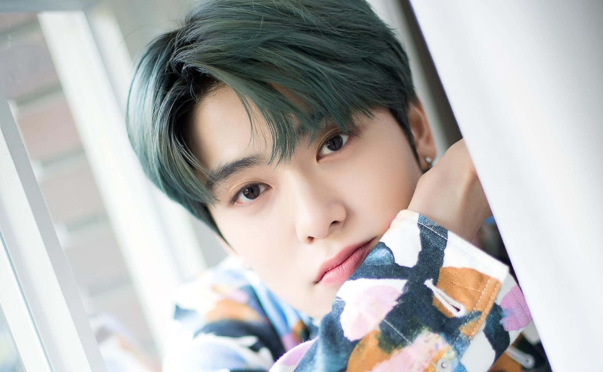 NCT Jaehyun, teal hair, white curtains, HD Desktop Wallpaper