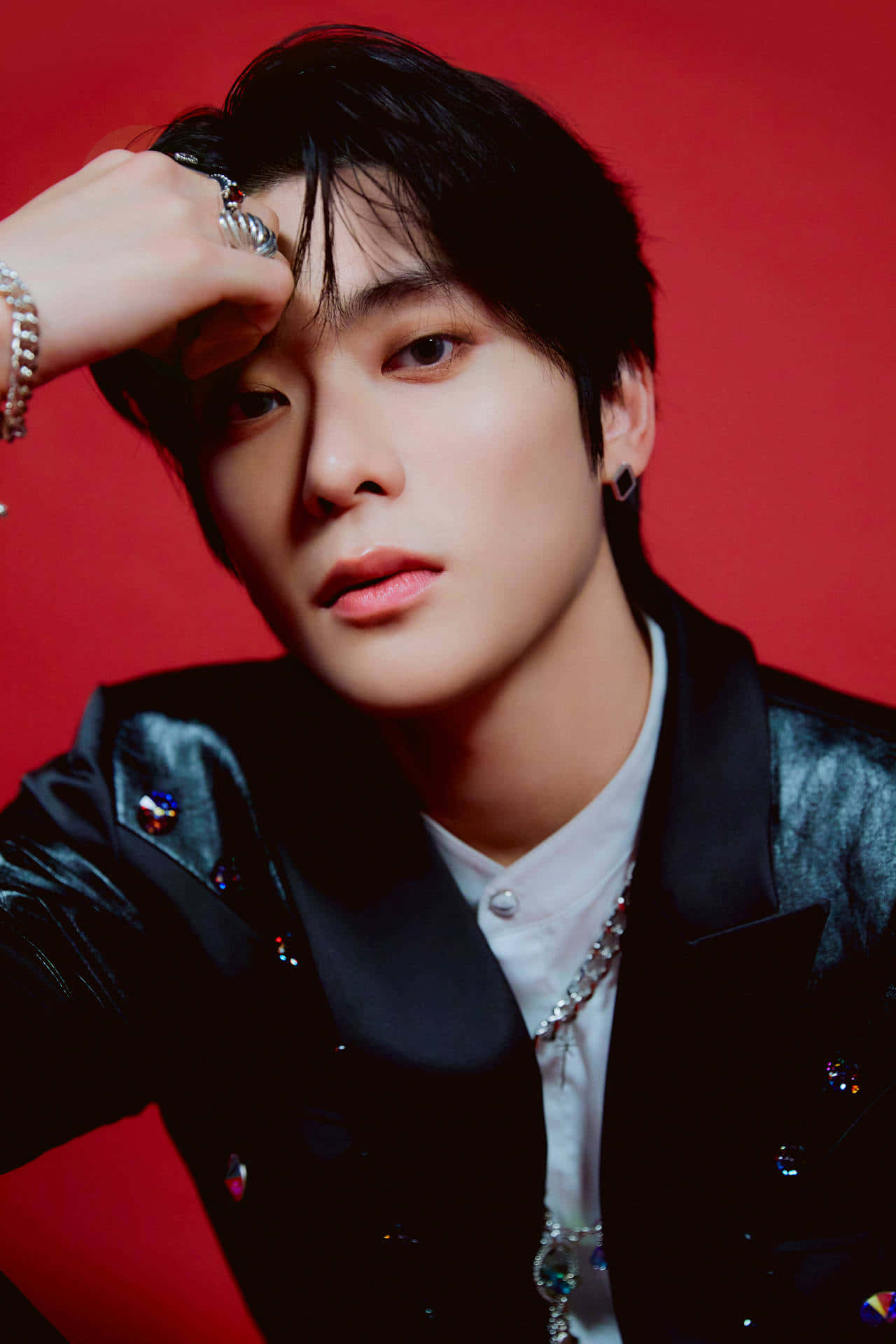 NCT Jaehyun, sticker album promo, vivid red background, Full HD Phone Wallpaper