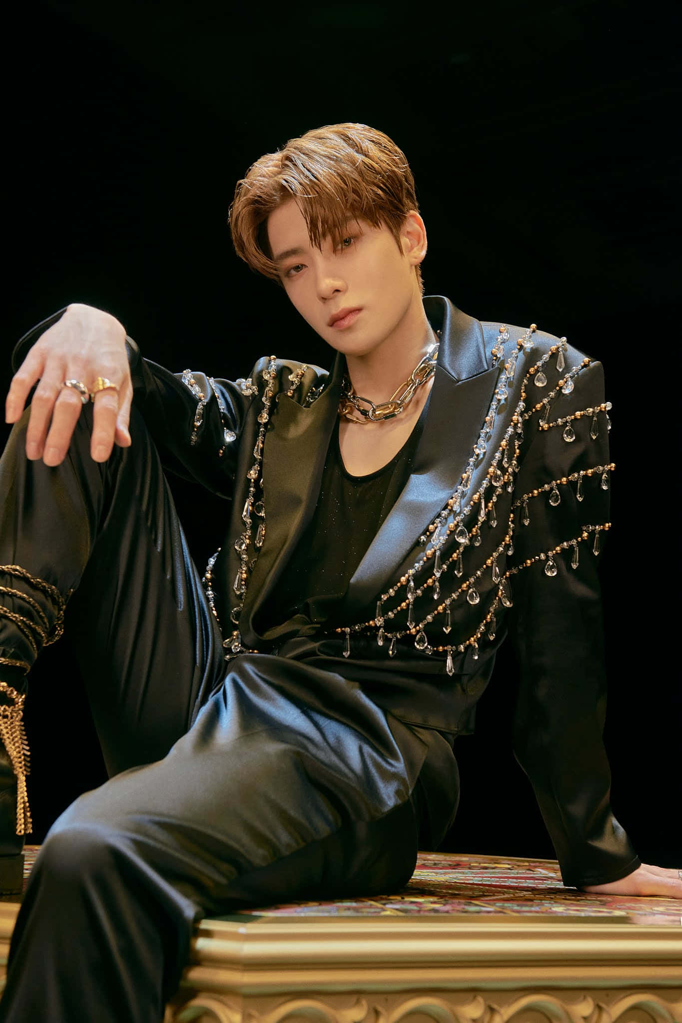 NCT Jaehyun, black bejeweled suit, ornate golden bench, Full HD Phone Wallpaper