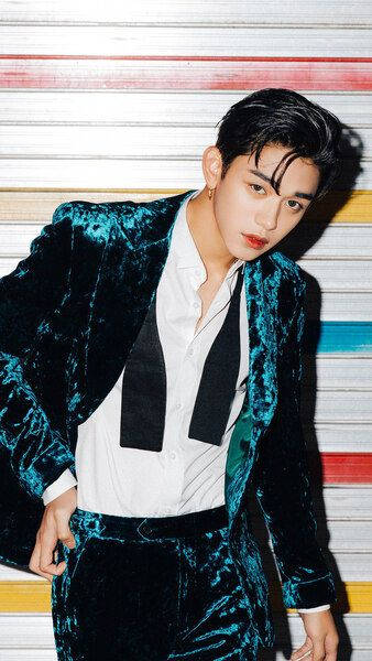 Nct Lucas, teal velvet suit, colorful striped wall, SD Phone Wallpaper
