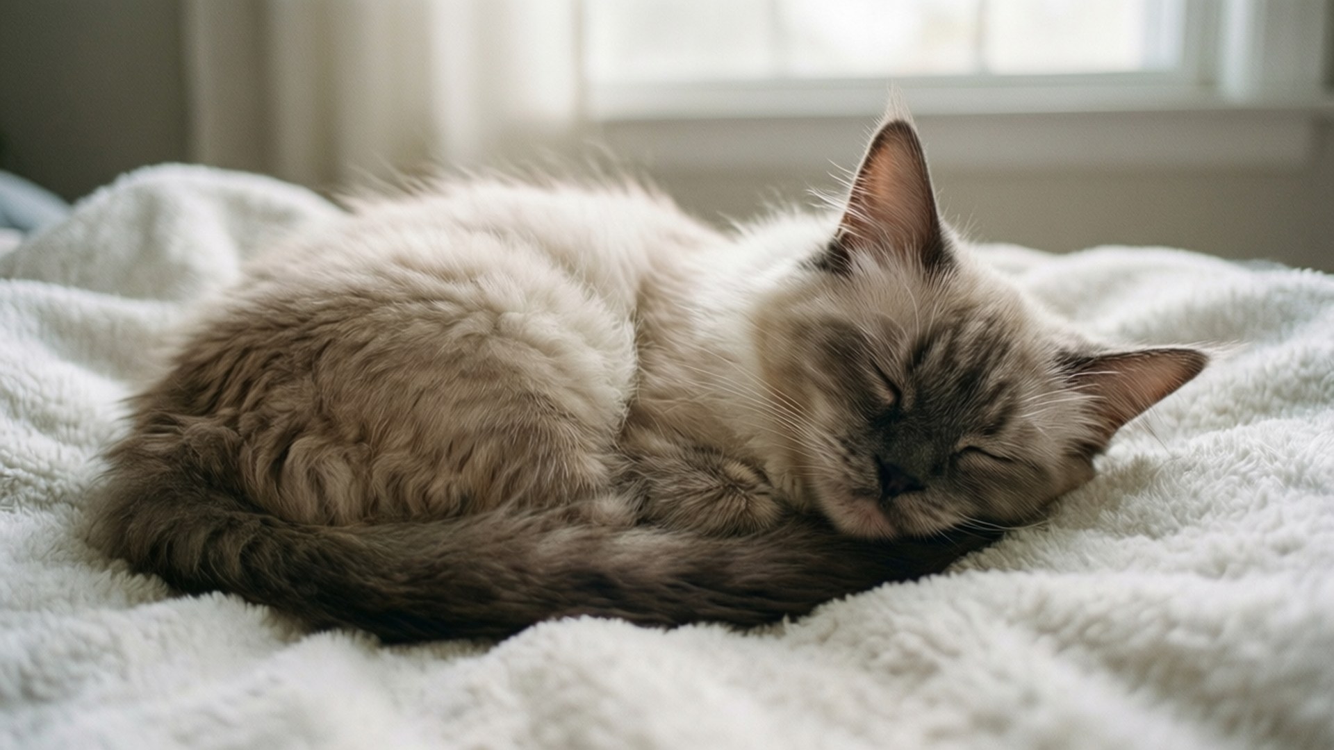Nebelung, white blanket, soft morning light, Full HD Desktop Wallpaper
