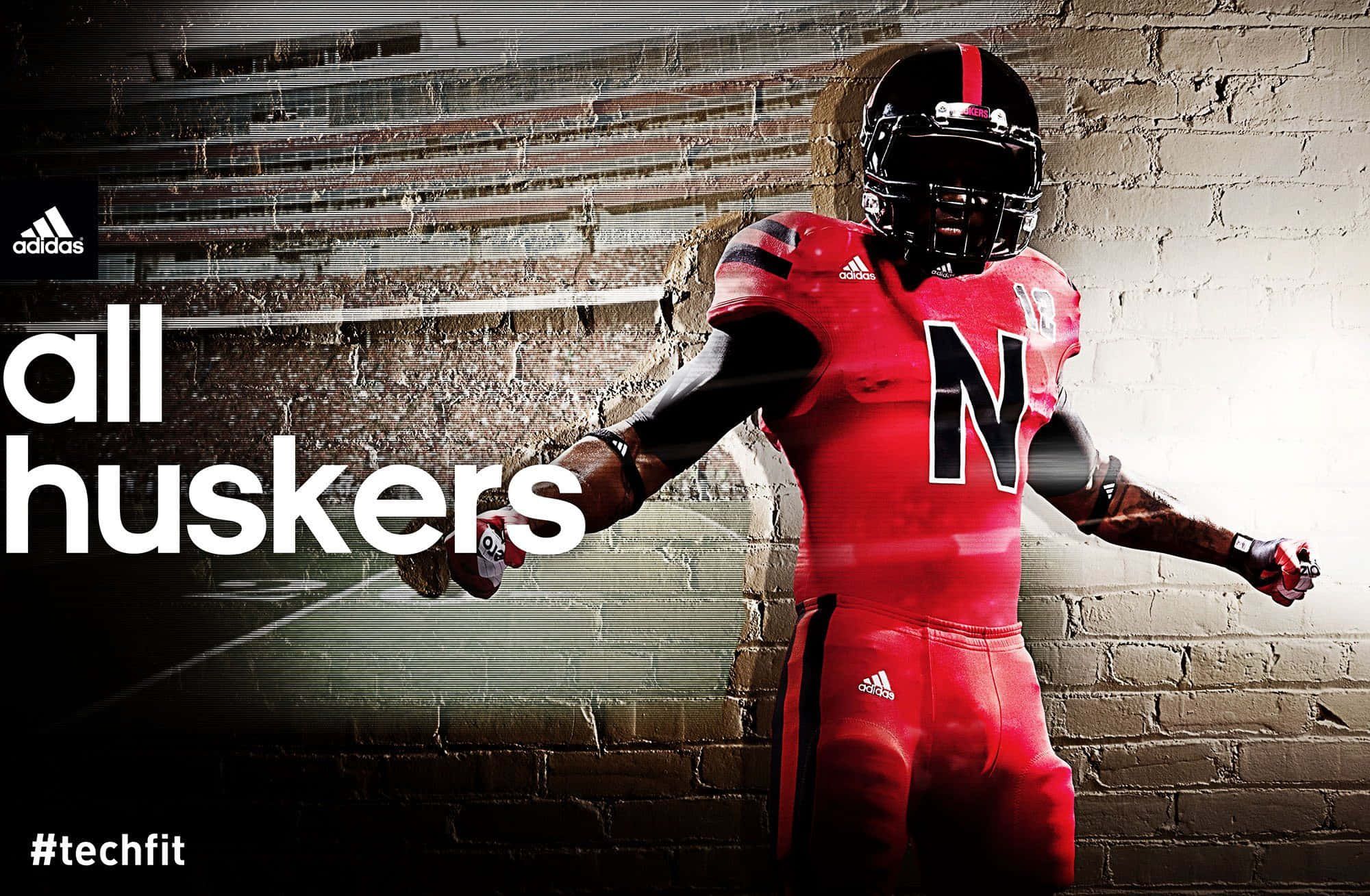 Nebraska Huskers, red uniform, brick wall, Full HD Desktop Wallpaper