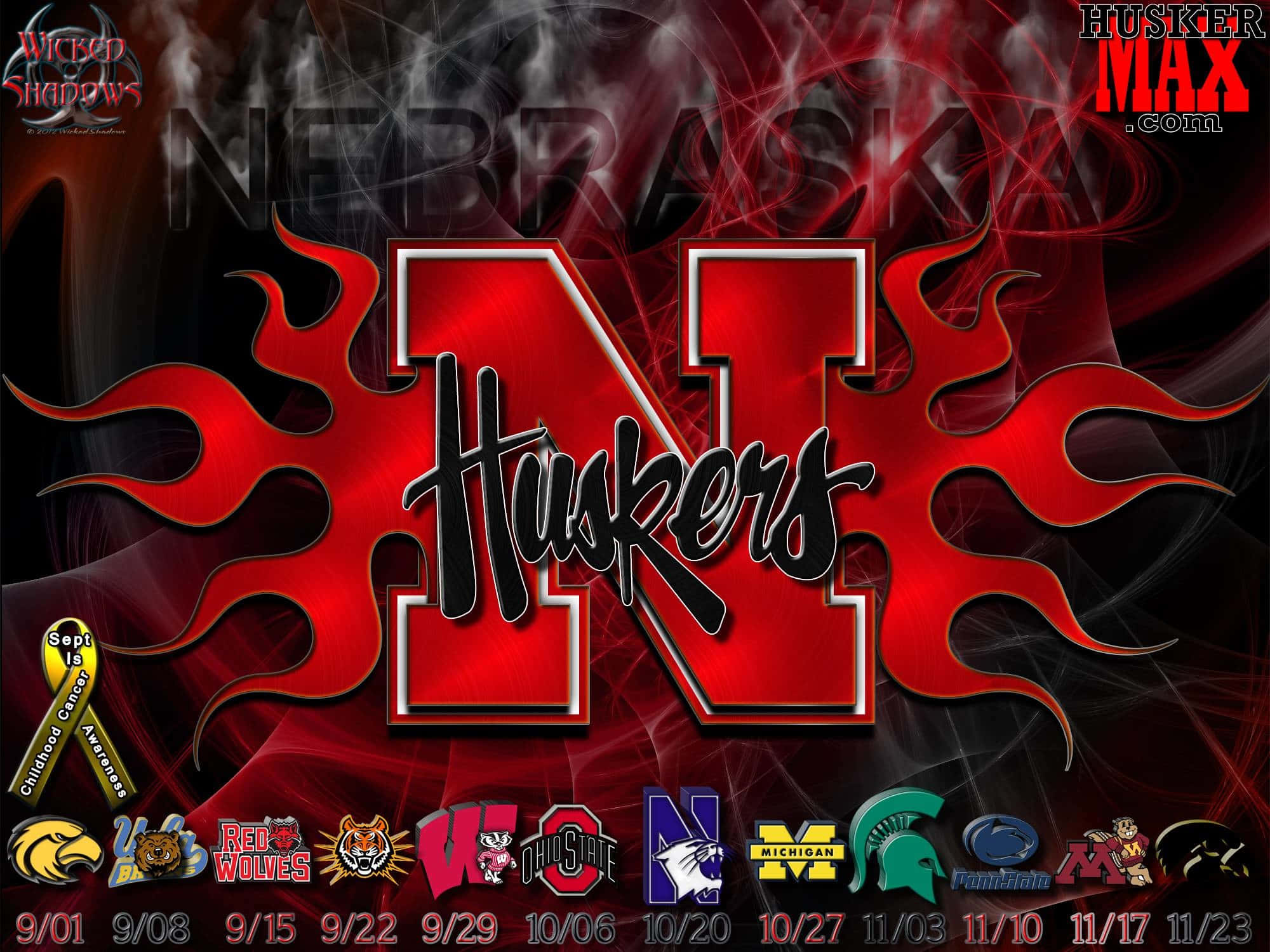 Nebraska Huskers, fiery red, flame accents, Full HD Desktop Wallpaper