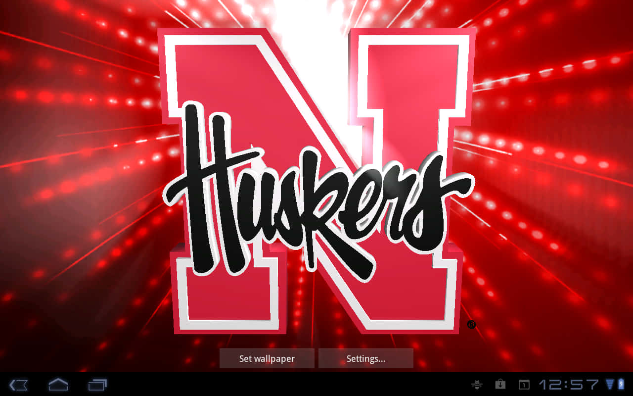 Nebraska Huskers, red and white Huskers logo, glowing lights, HD Desktop Wallpaper