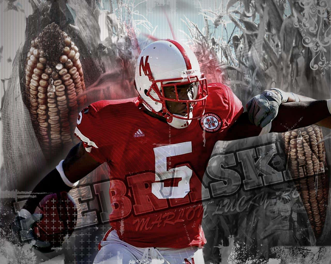 Nebraska Huskers, red jersey number 5, stylized cornfield, HD Desktop Wallpaper