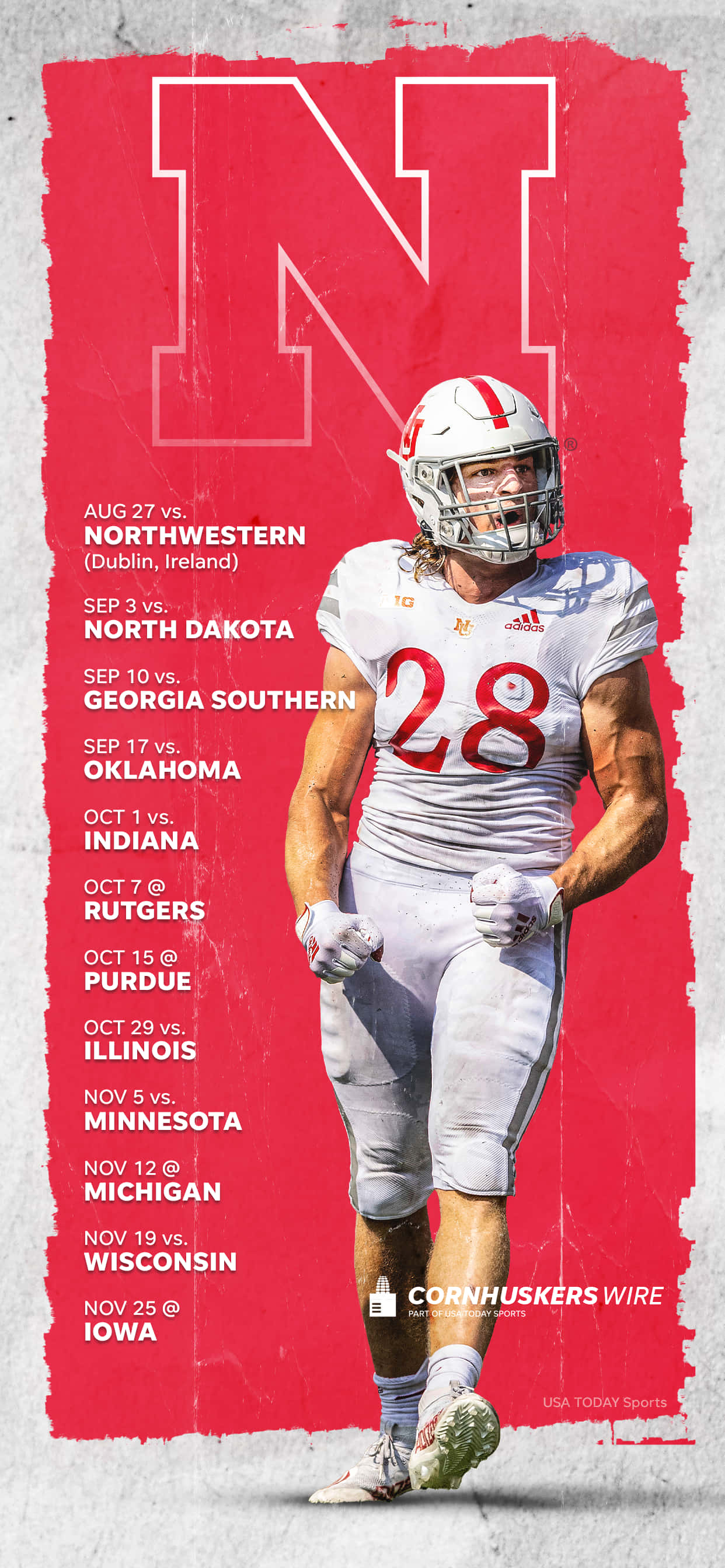 Nebraska Huskers, white uniform, number 28, 2K Phone Wallpaper