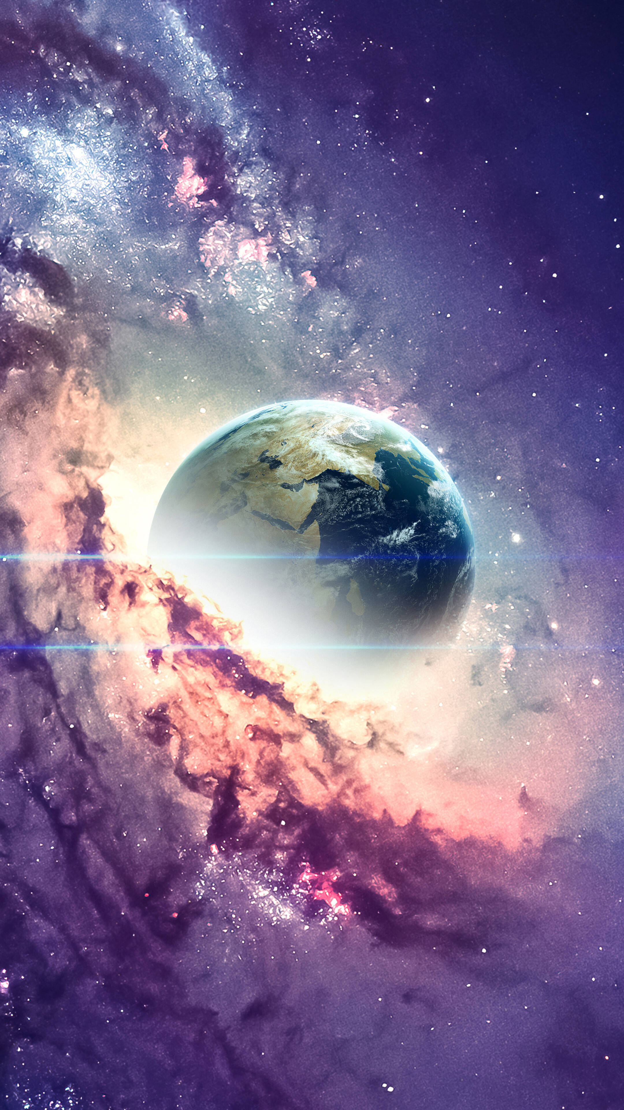 Earth, cosmic nebula, pink purple and blue hues, 4K Phone Wallpaper