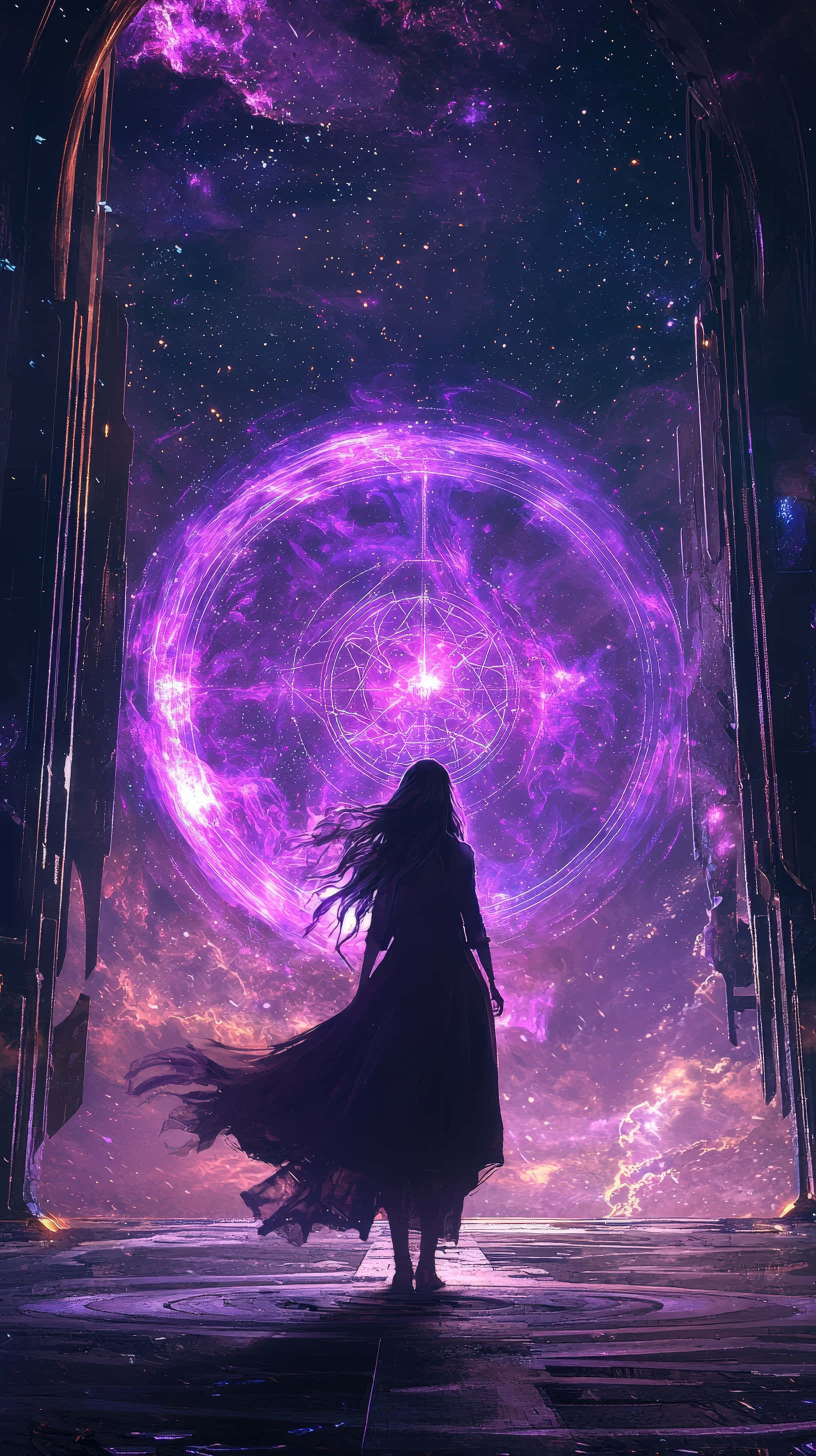 mysterious sorceress, glowing purple cosmic portal, towering metallic arches, 2K Phone Wallpaper