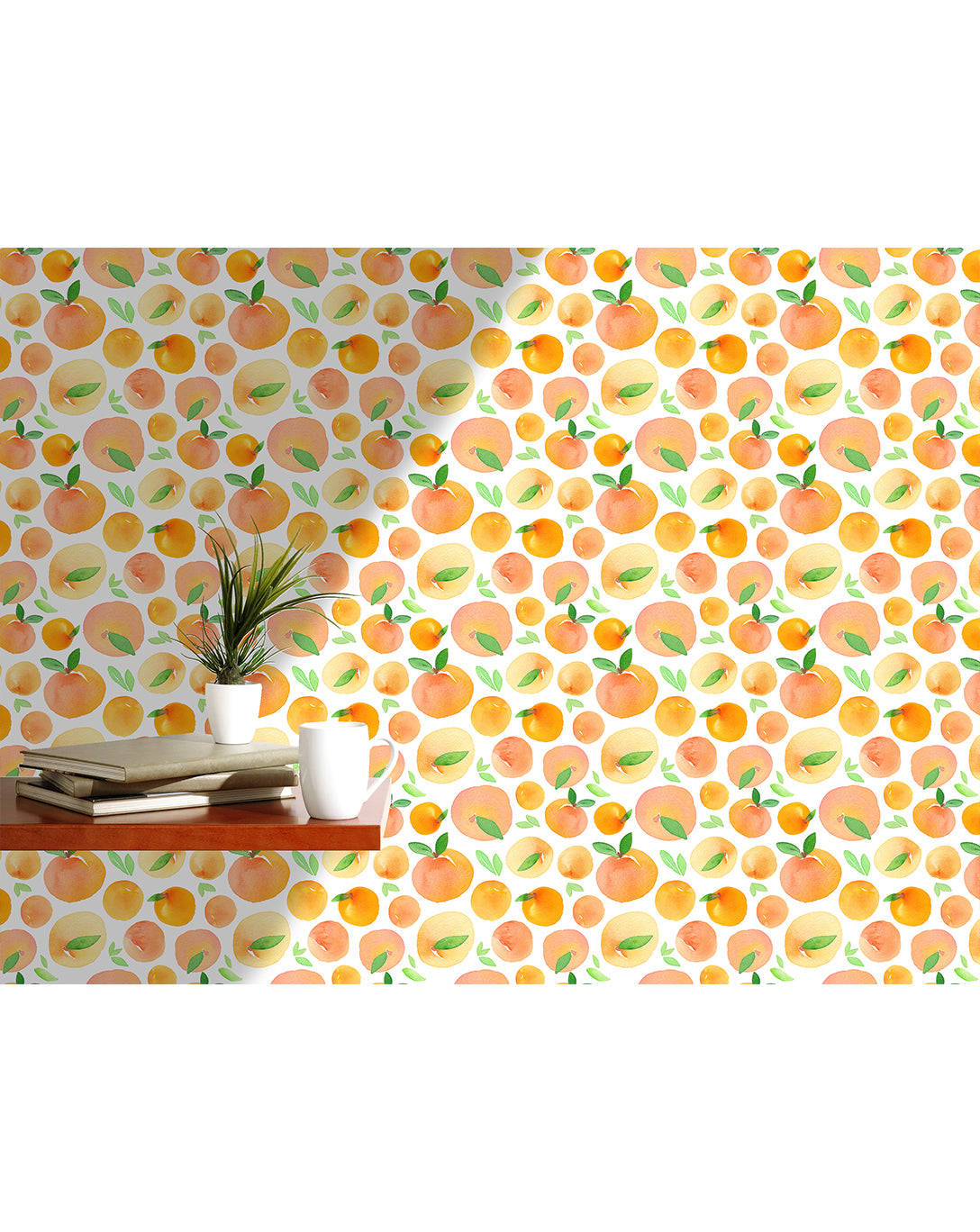 self adhesive nectarine fruit removable wallpaper, watercolor peach pattern, green leaves, HD Phone Wallpaper
