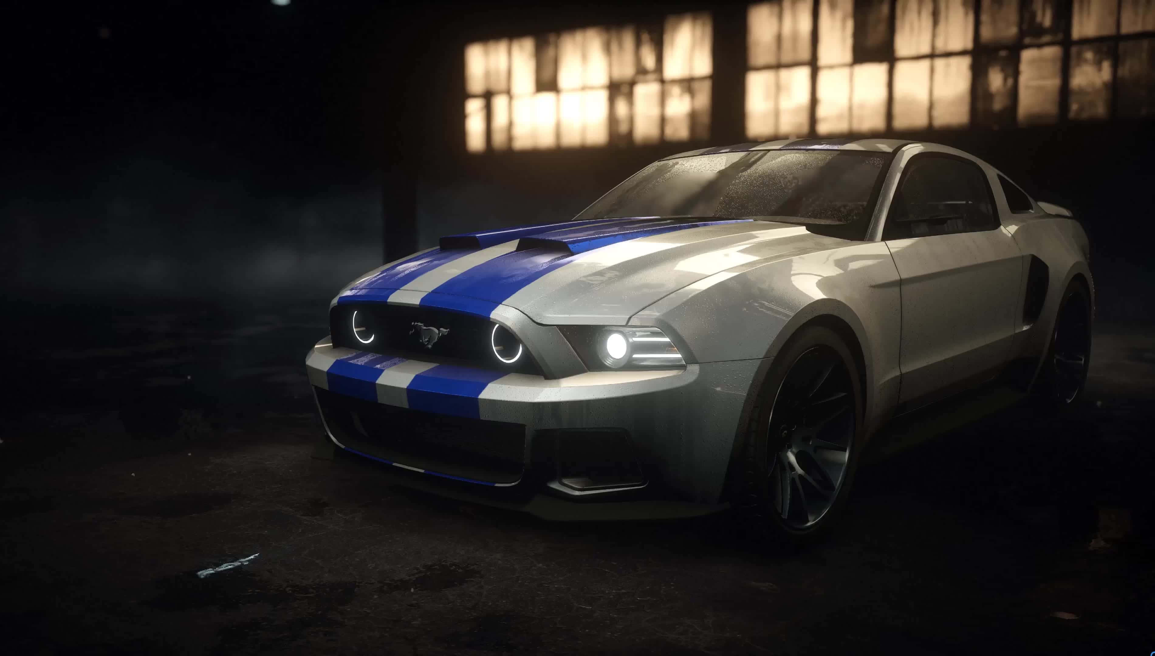 Need For Speed 4K, silver Ford Mustang, blue racing stripes, 2K Desktop Wallpaper