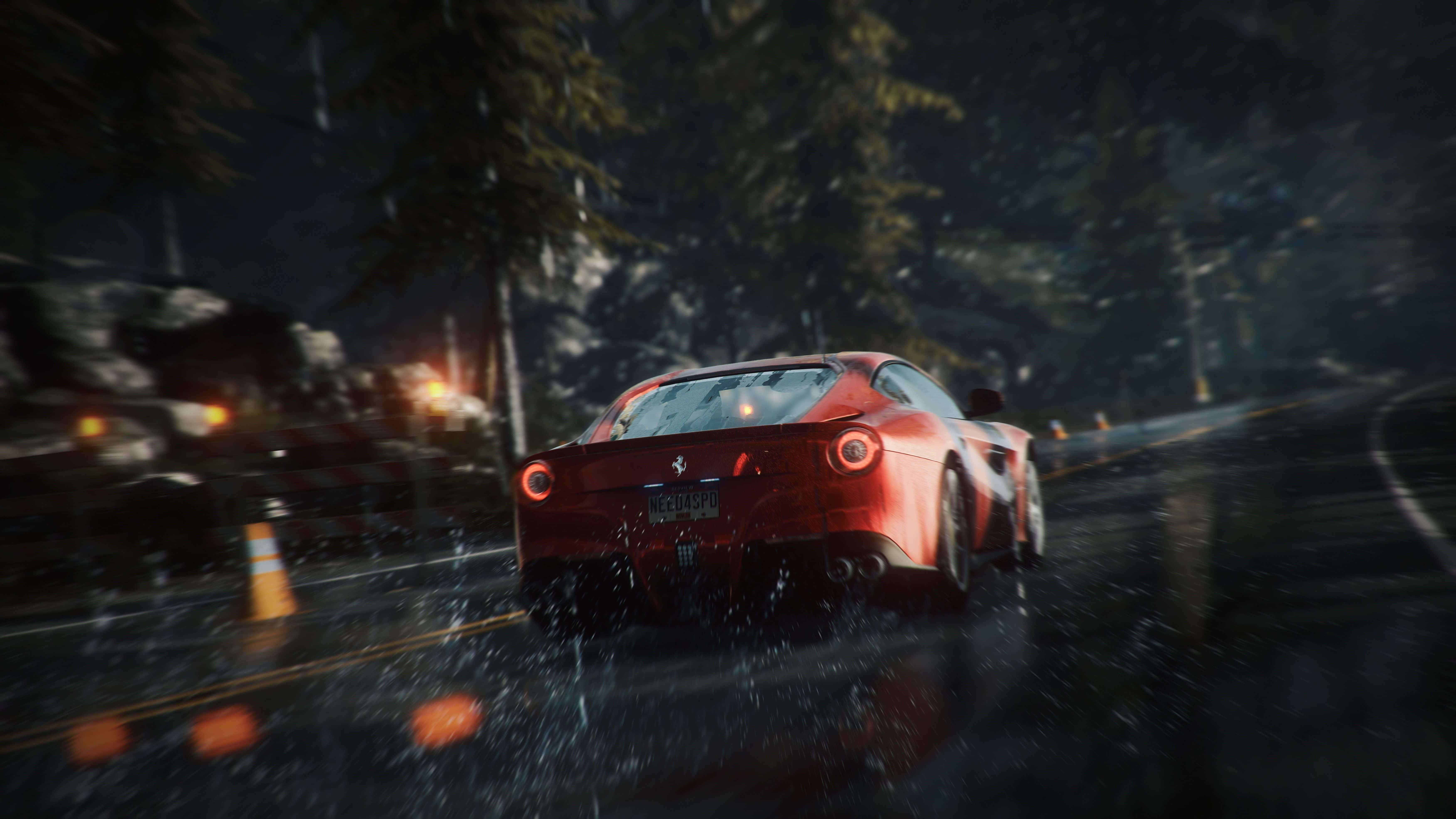 Need For Speed 4K, red sports car, rain-slicked forest road, 5K Desktop Wallpaper