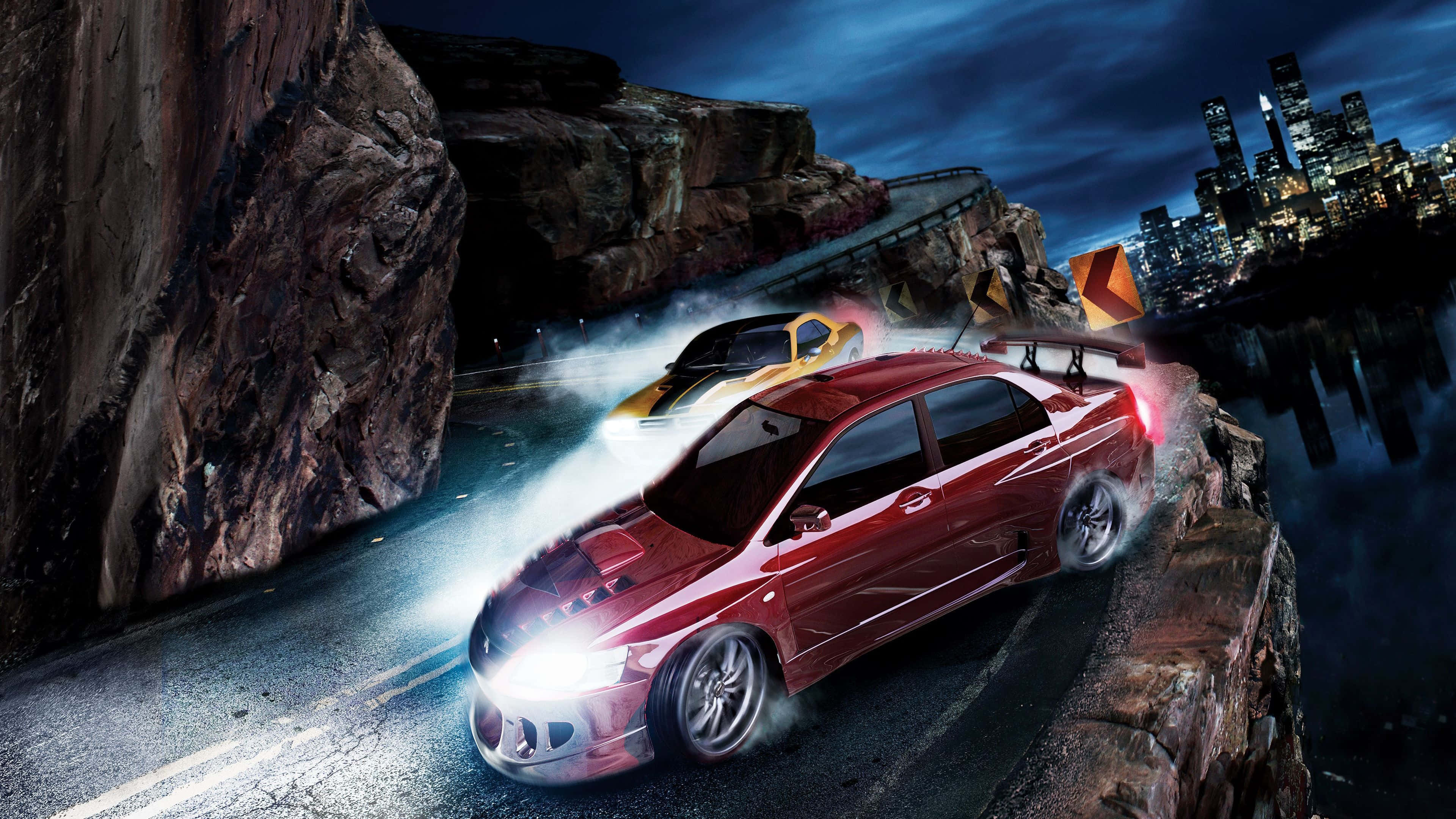 Need For Speed, red sports car, cliffside road, 4K Desktop Wallpaper