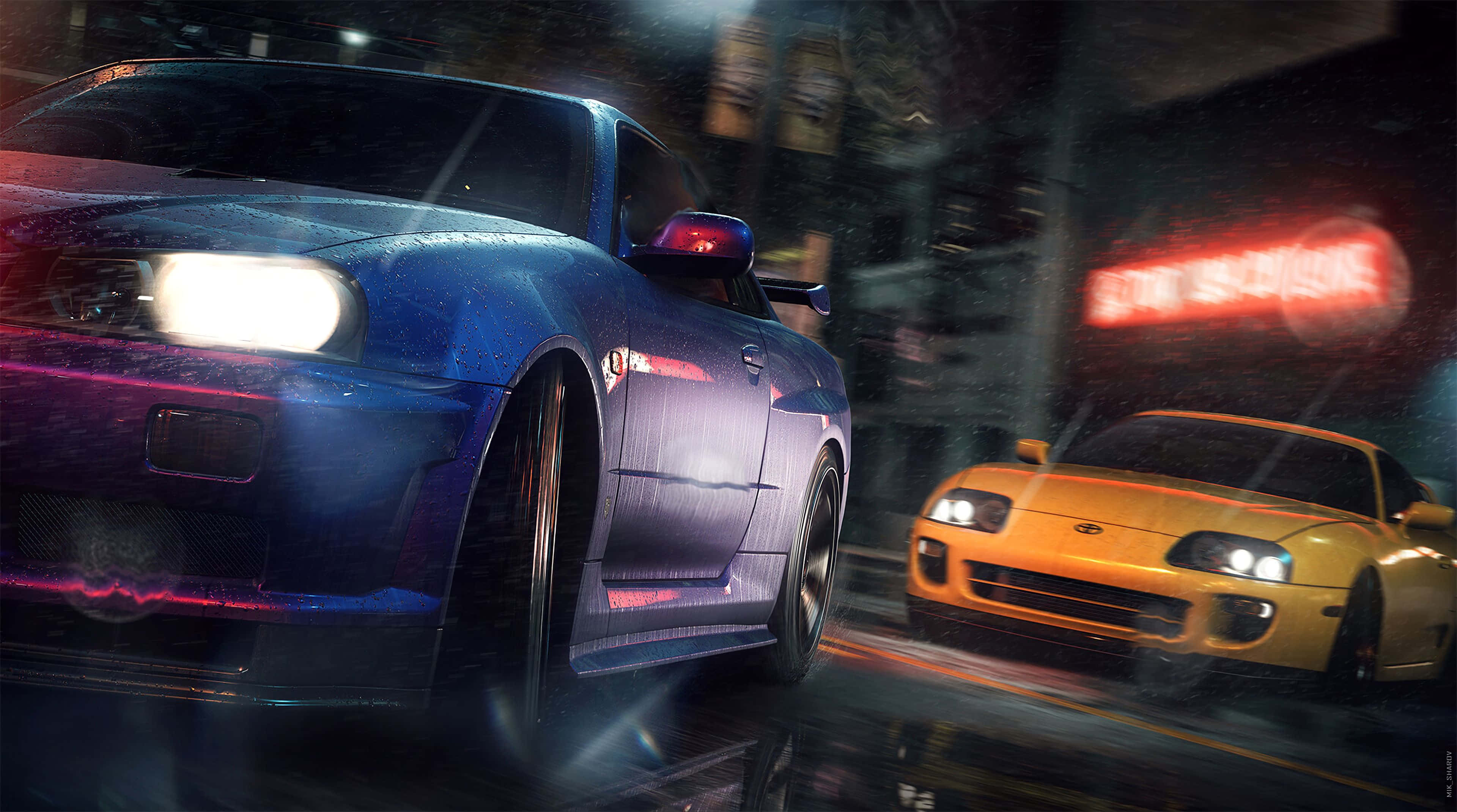 Need For Speed 4K, neon-lit rain-soaked city street, night, 4K Desktop Wallpaper