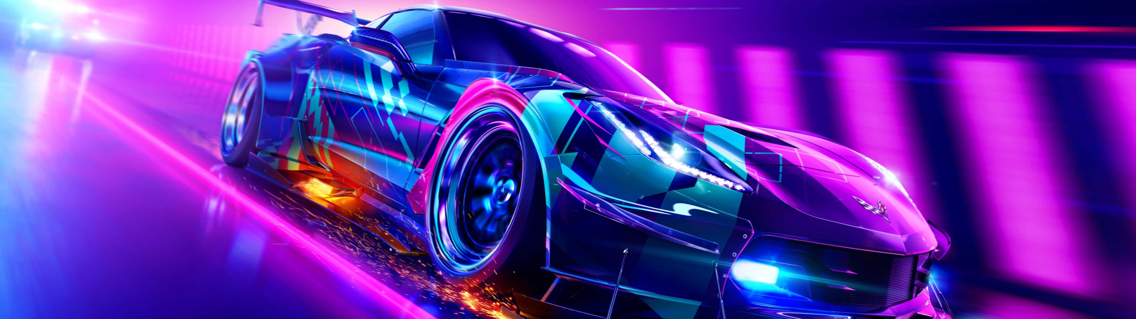 Need For Speed, 3840 x 1080, neon-drenched urban tunnel, 4K Desktop Wallpaper