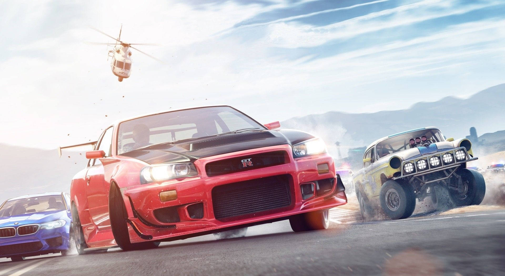 Need For Speed, red sports car, yellow monster truck, Full HD Desktop Wallpaper