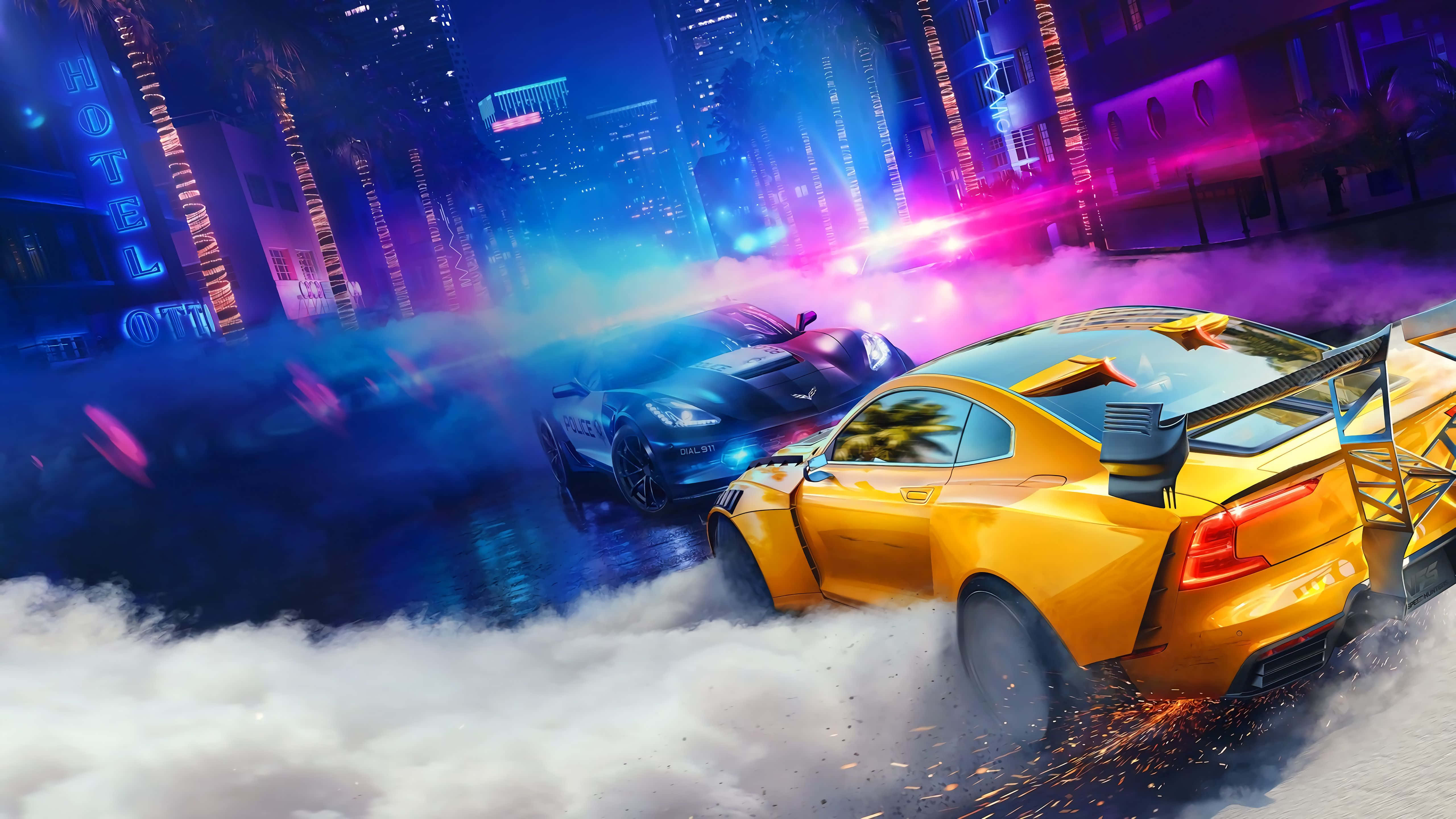Need For Speed 4K, yellow sports car, neon-lit city streets, 5K Desktop Wallpaper