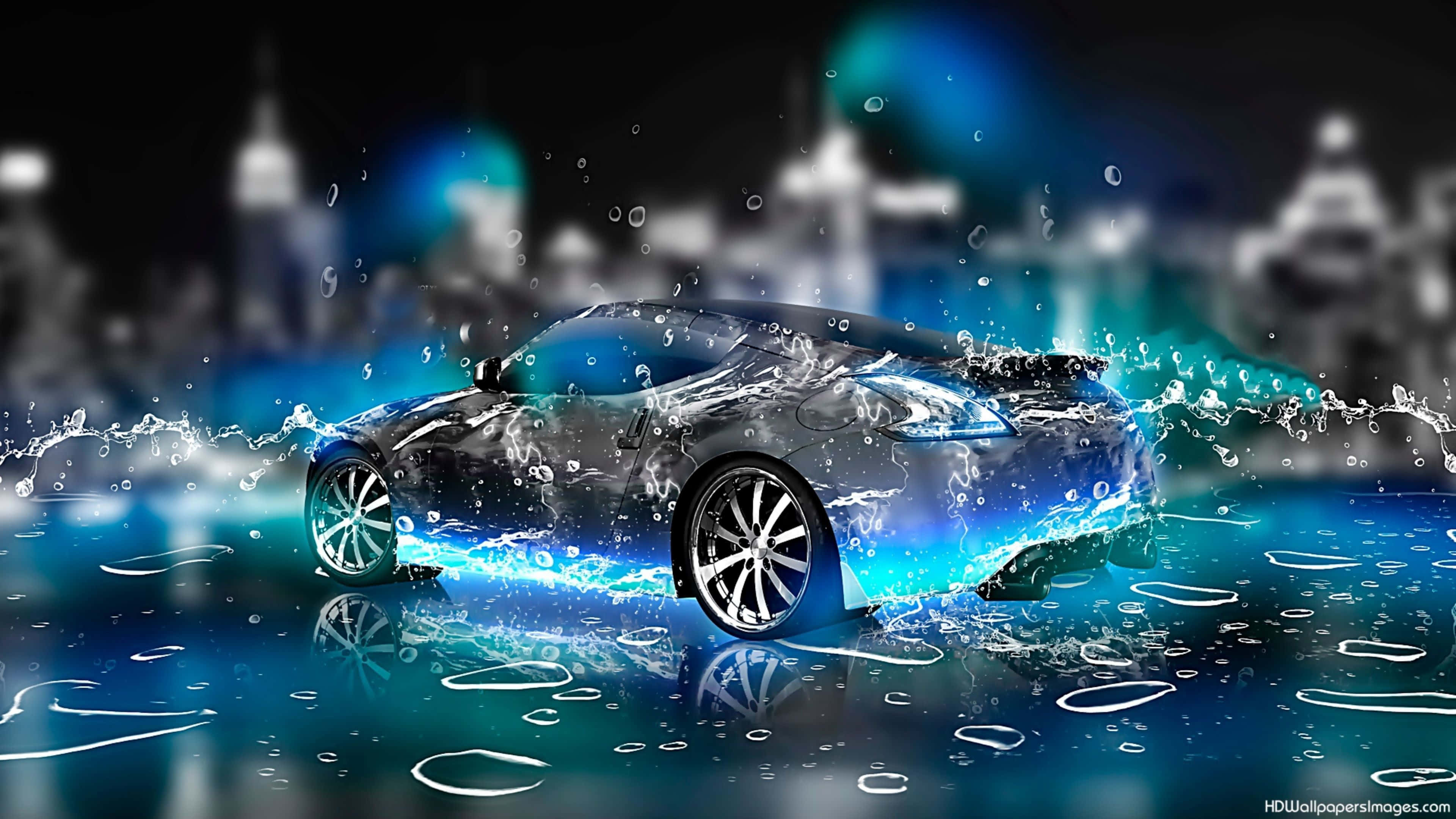 ultra wide 4k car, sleek silver sports car, glowing blue water, 4K Desktop Wallpaper