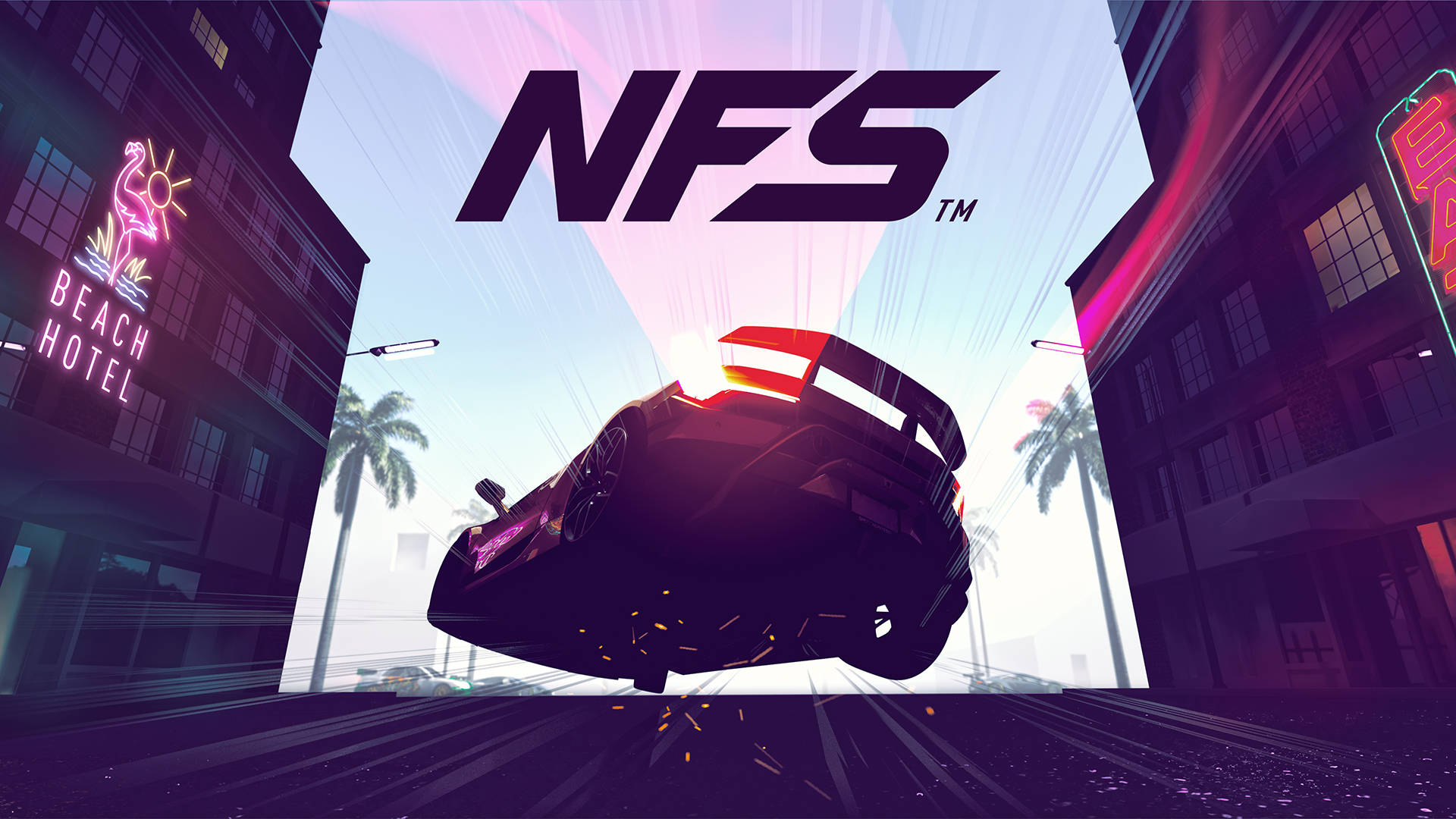 Need For Speed Heat, neon-lit city street, palm trees, Full HD Desktop Wallpaper