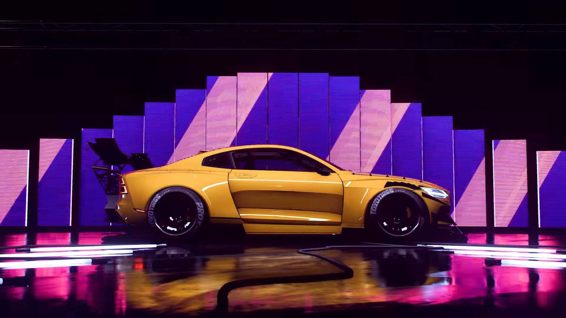 Need For Speed Heat, vibrant yellow, wide tires, Full HD Desktop Wallpaper