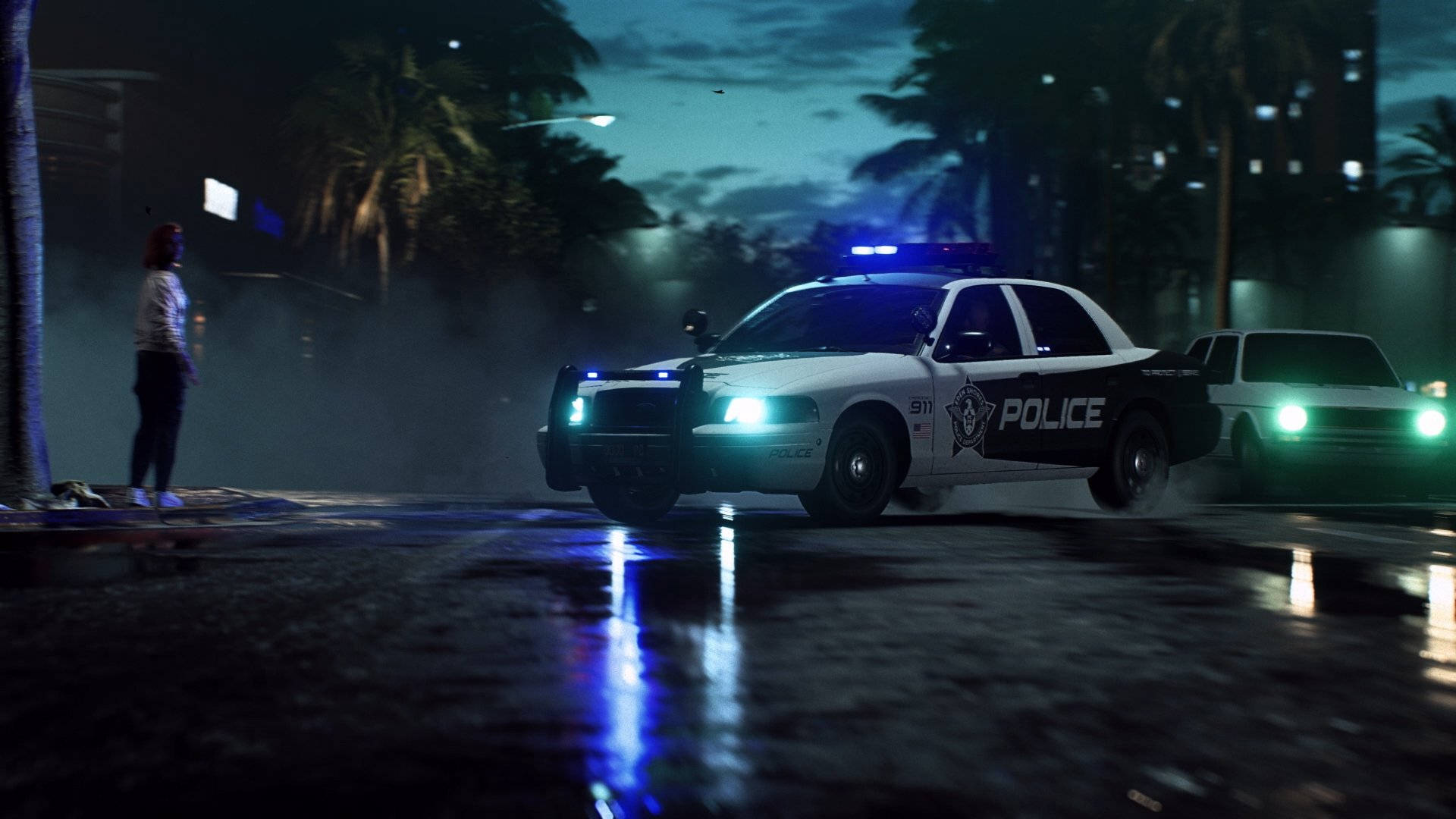 Need For Speed Heat, police car, flashing blue lights, Full HD Desktop Wallpaper
