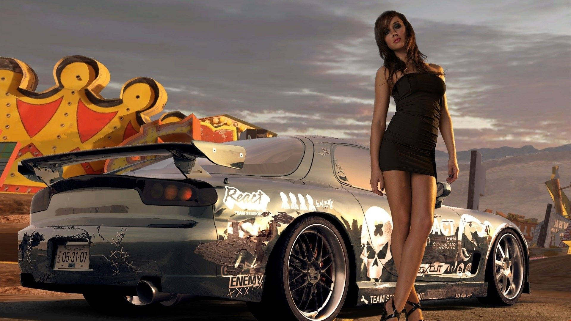 Need For Speed Heat, black dress, graffiti-covered sports car, Full HD Desktop Wallpaper