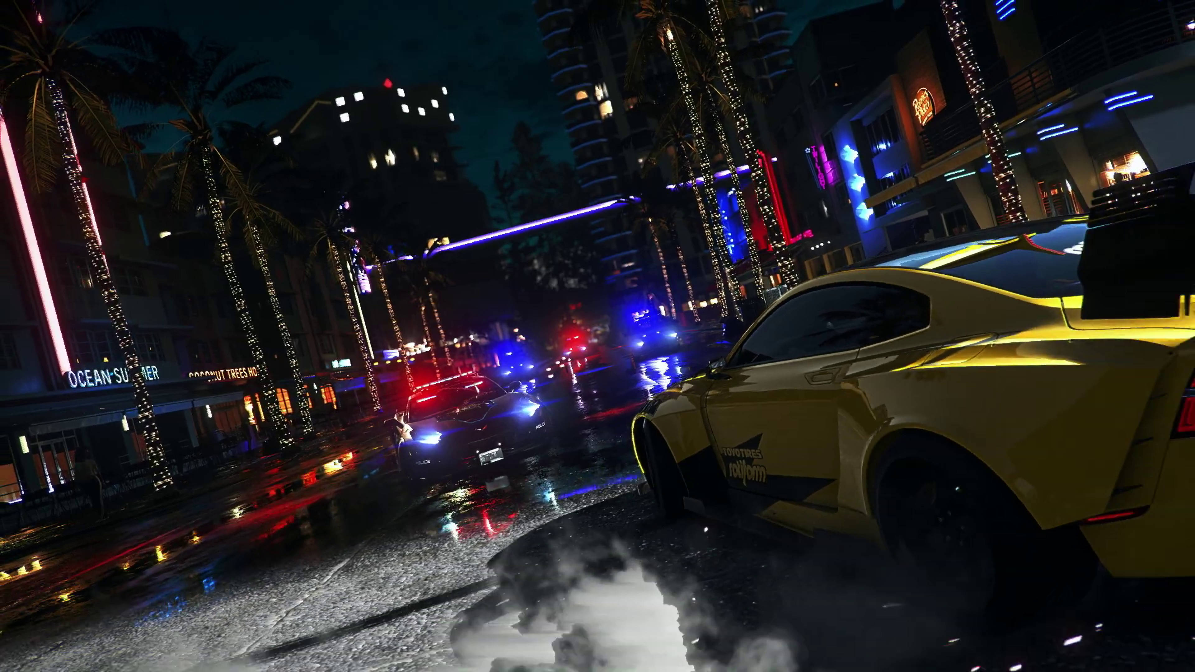 Need For Speed Heat, yellow sports car, rain-slicked neon-lit city streets, 4K Desktop Wallpaper