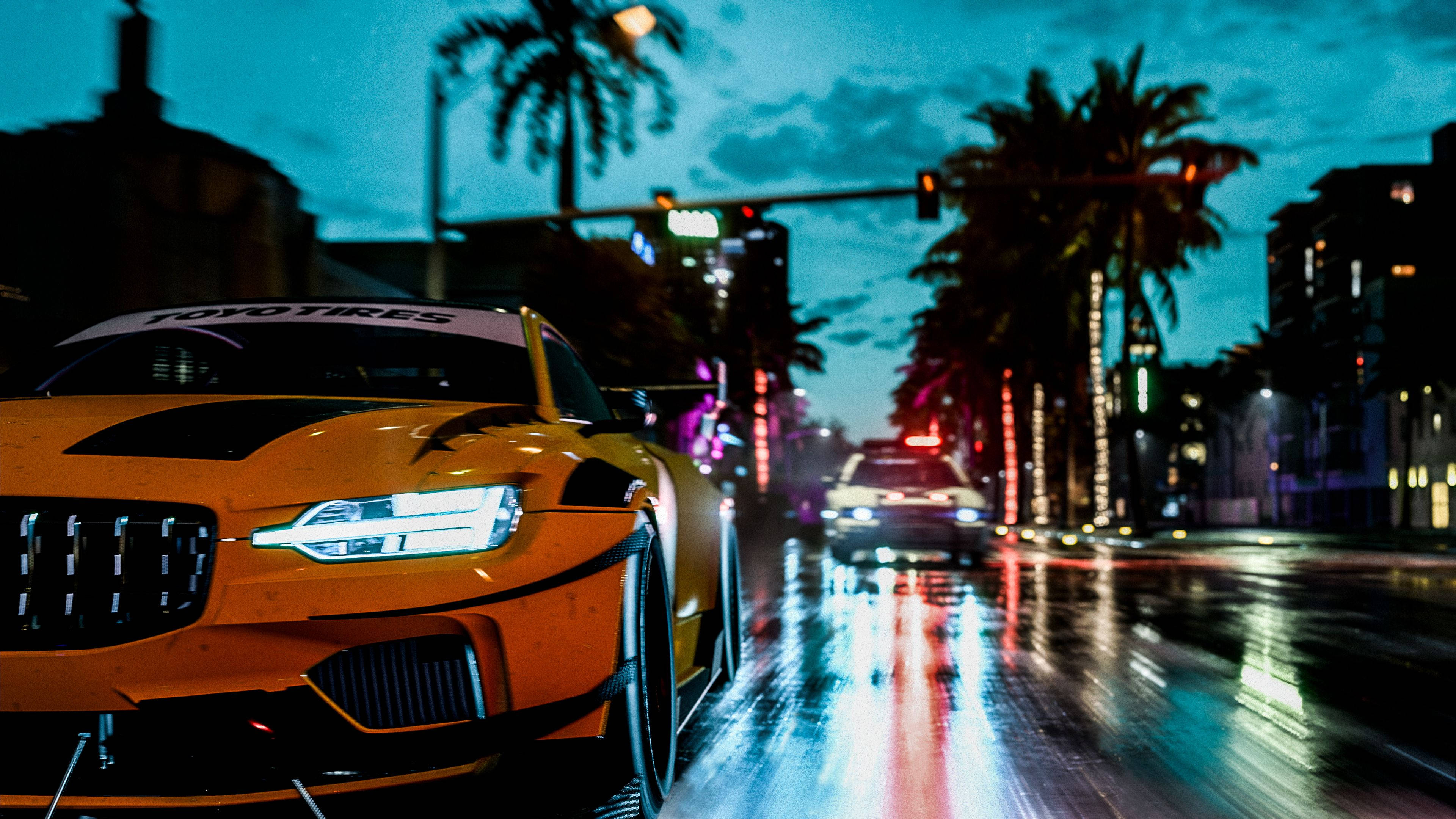 Need For Speed Heat, vibrant orange, rain-slicked city street, 4K Desktop Wallpaper