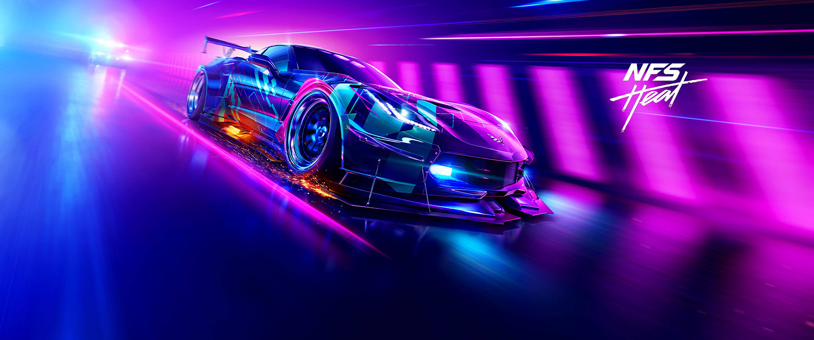 Need For Speed Heat, neon-lit tunnel, vibrant purple and blue lighting streaks, 2K Desktop Wallpaper