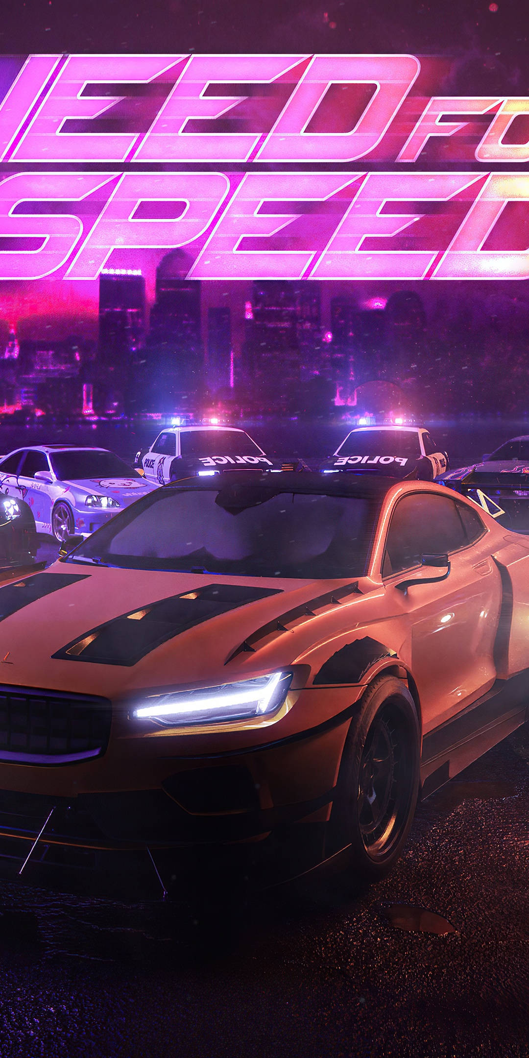 Need For Speed, neon-drenched city street, glowing orange sports car, Full HD Phone Wallpaper